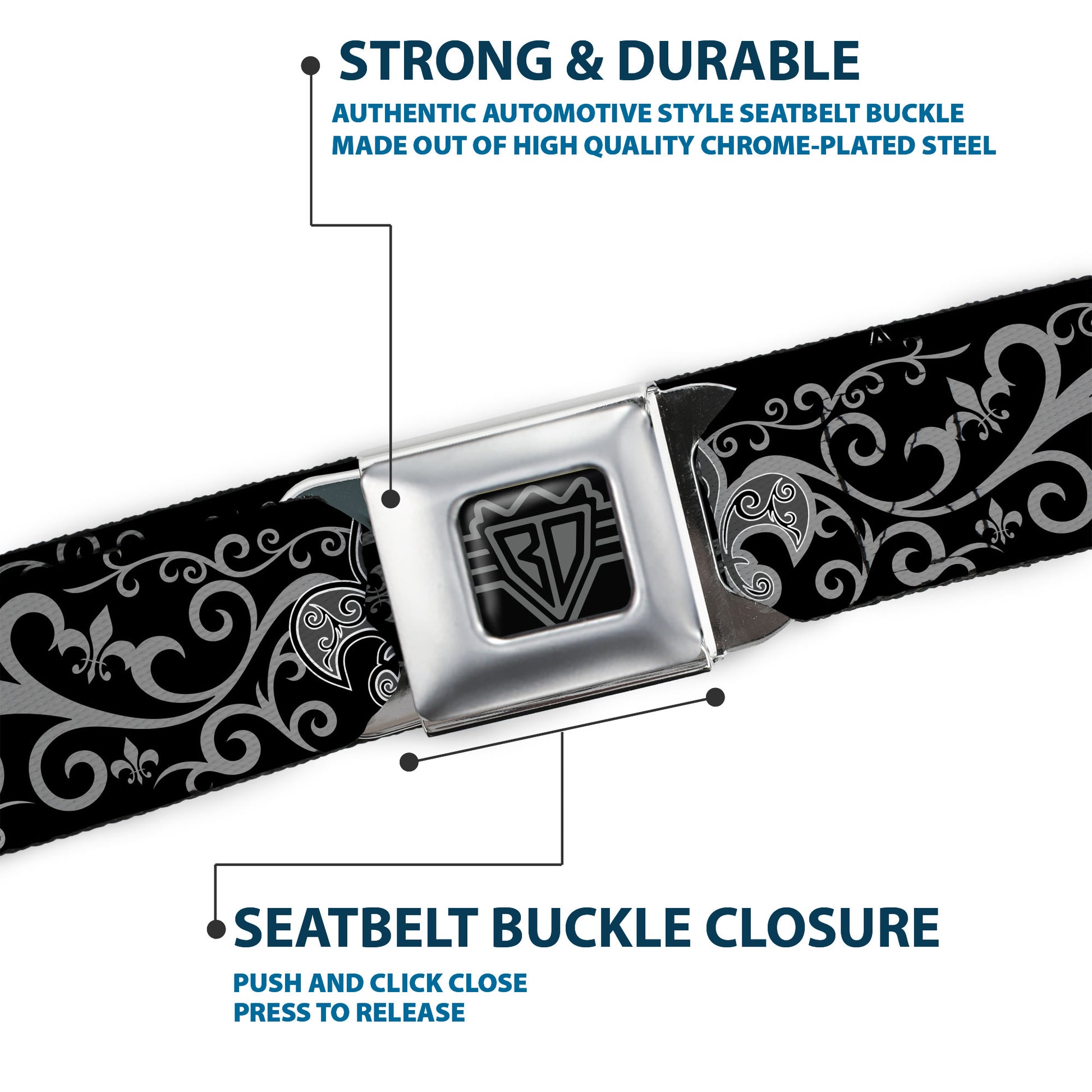 BD Wings Logo CLOSE-UP Full Color Black Silver Seatbelt Belt - Fleur-de-Lis w/Filigree Black/Gray Webbing Seatbelt Belts Buckle-Down