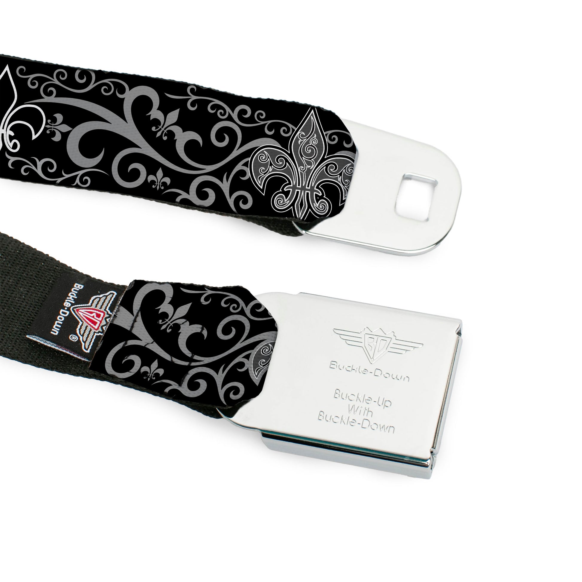 BD Wings Logo CLOSE-UP Full Color Black Silver Seatbelt Belt - Fleur-de-Lis w/Filigree Black/Gray Webbing Seatbelt Belts Buckle-Down