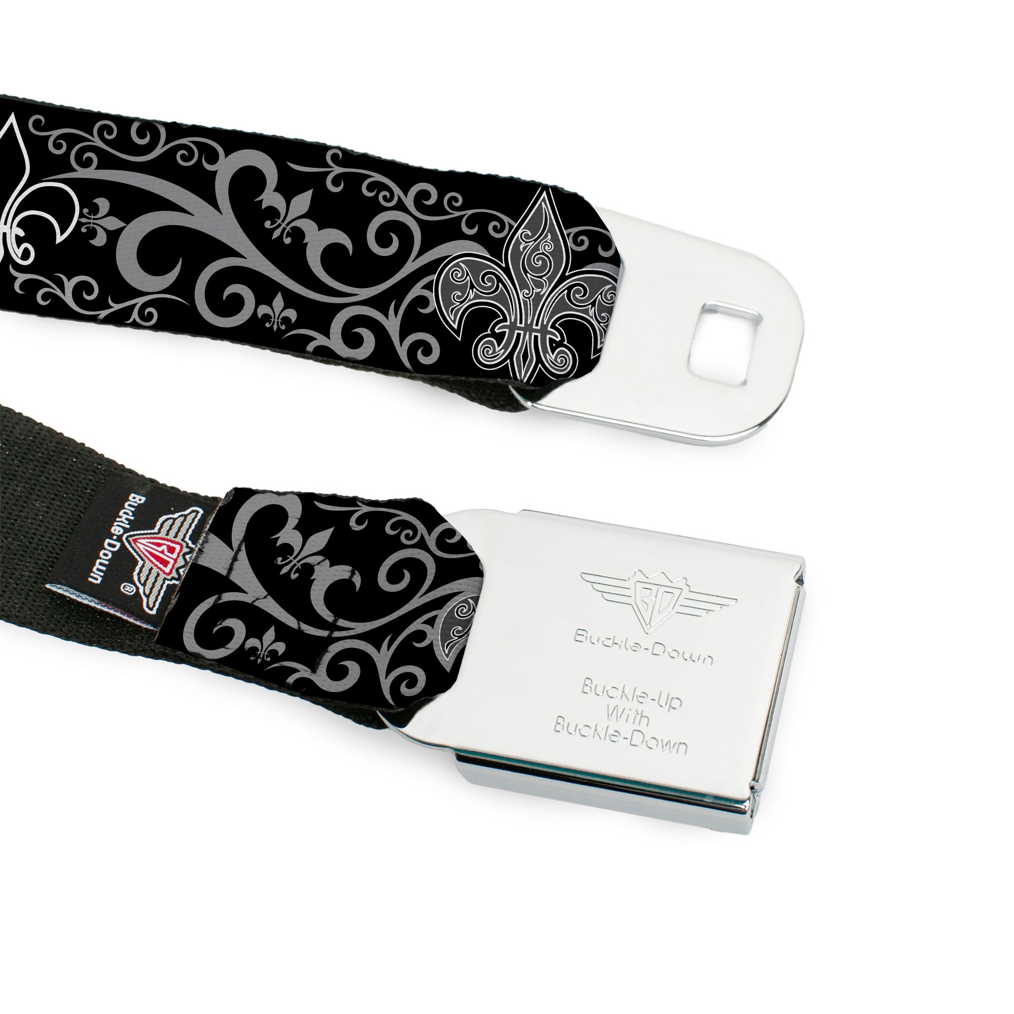 BD Wings Logo CLOSE-UP Full Color Black Silver Seatbelt Belt - Fleur-de-Lis w/Filigree Black/Gray Webbing Seatbelt Belts Buckle-Down