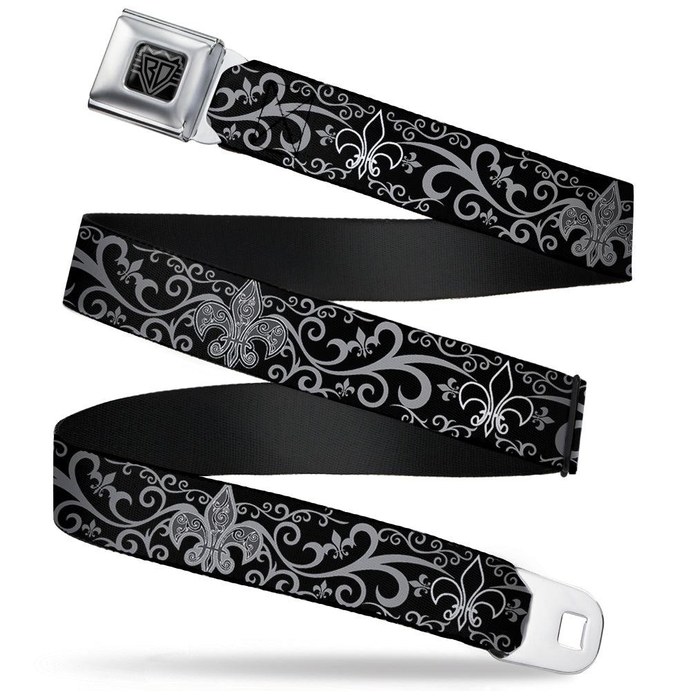 BD Wings Logo CLOSE-UP Full Color Black Silver Seatbelt Belt - Fleur-de-Lis w/Filigree Black/Gray Webbing Seatbelt Belts Buckle-Down