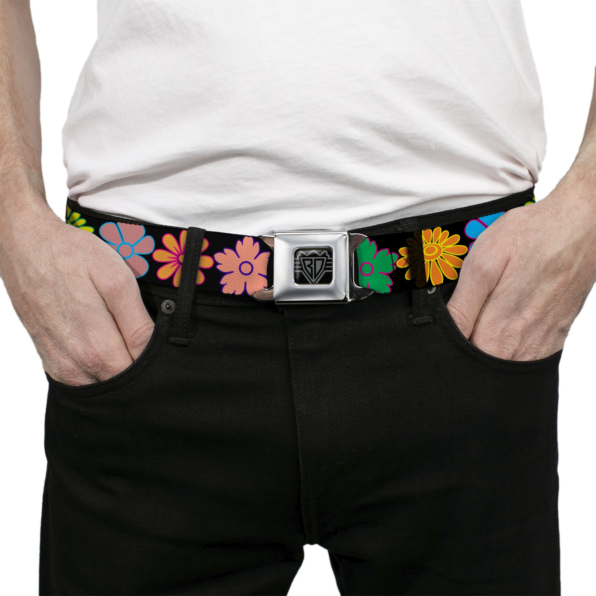 BD Wings Logo CLOSE-UP Full Color Black Silver Seatbelt Belt - Flowers Black/Multi Color Webbing Seatbelt Belts Buckle-Down