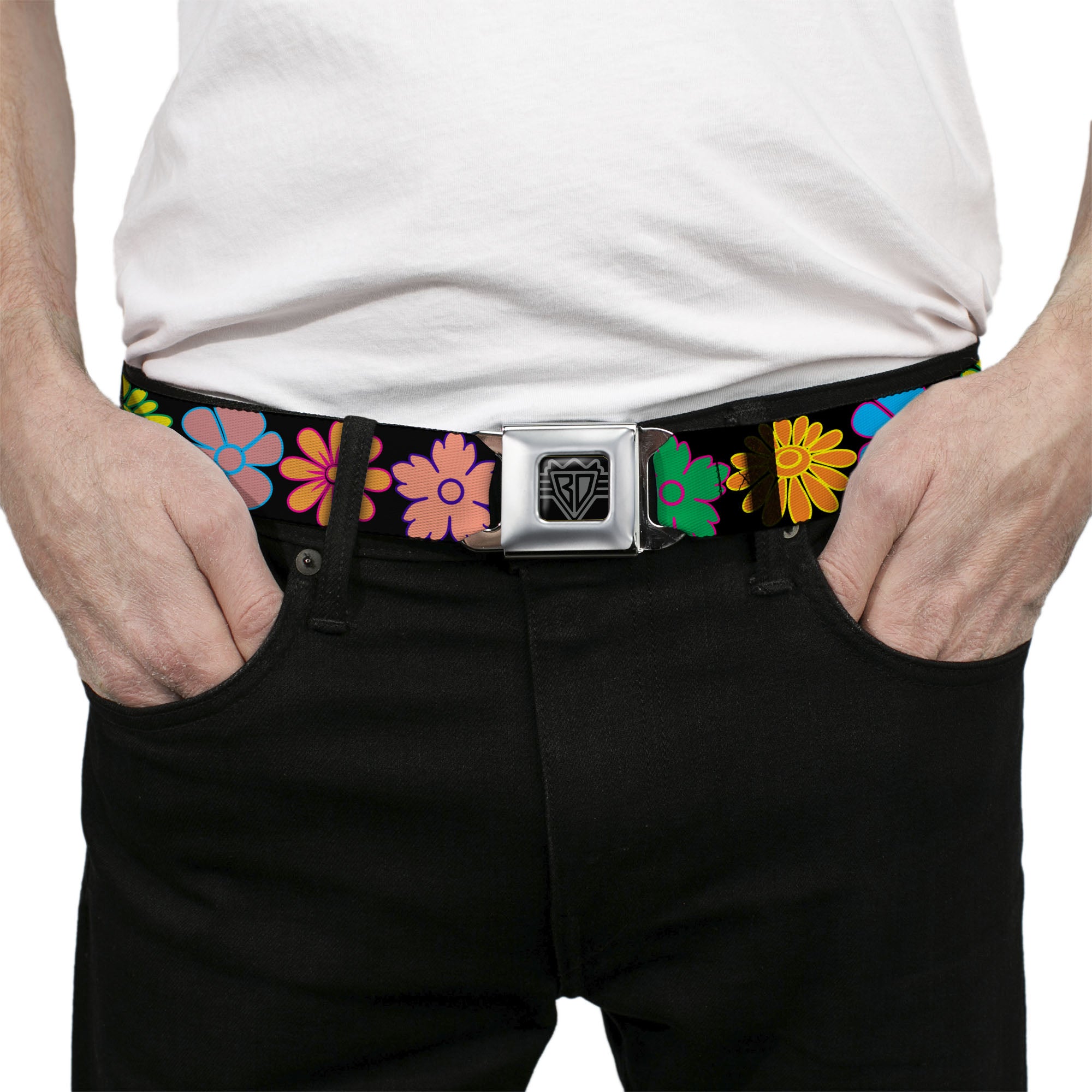 BD Wings Logo CLOSE-UP Full Color Black Silver Seatbelt Belt - Flowers Black/Multi Color Webbing Seatbelt Belts Buckle-Down