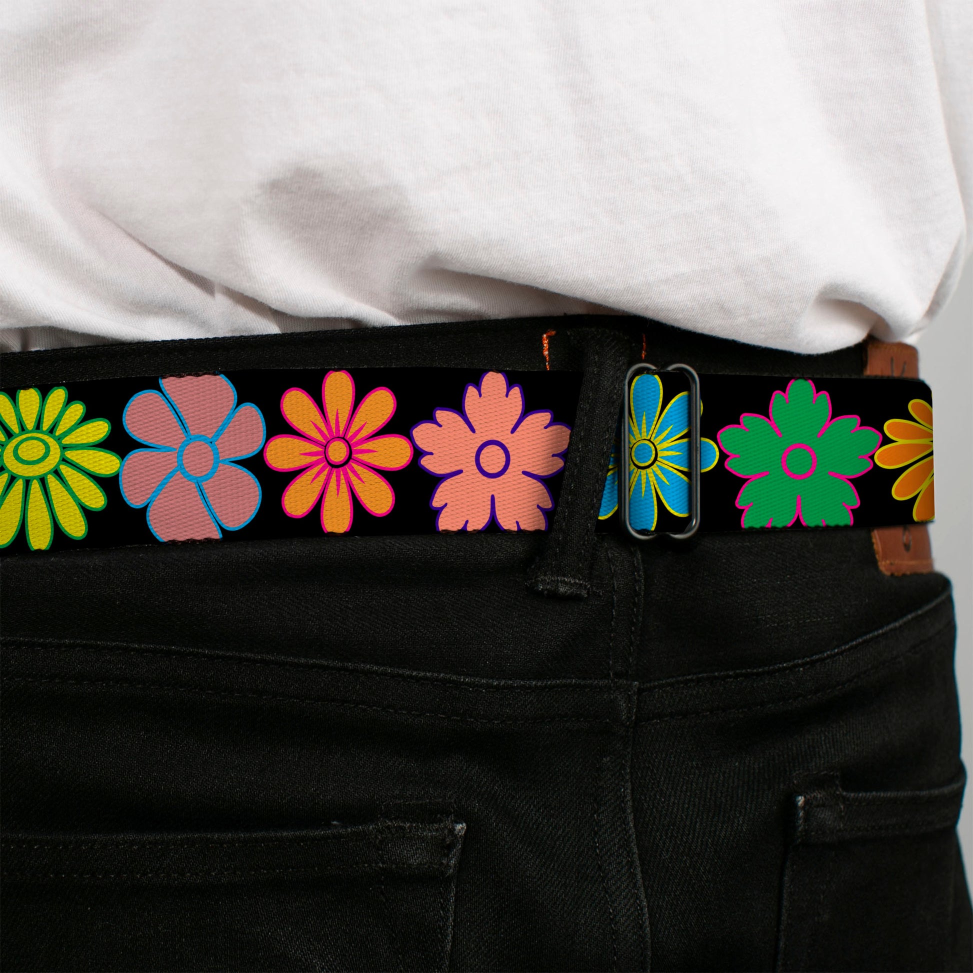 BD Wings Logo CLOSE-UP Full Color Black Silver Seatbelt Belt - Flowers Black/Multi Color Webbing Seatbelt Belts Buckle-Down