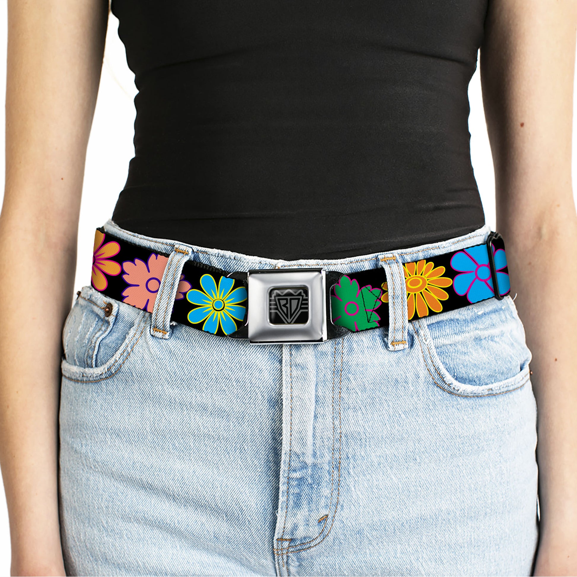 BD Wings Logo CLOSE-UP Full Color Black Silver Seatbelt Belt - Flowers Black/Multi Color Webbing Seatbelt Belts Buckle-Down