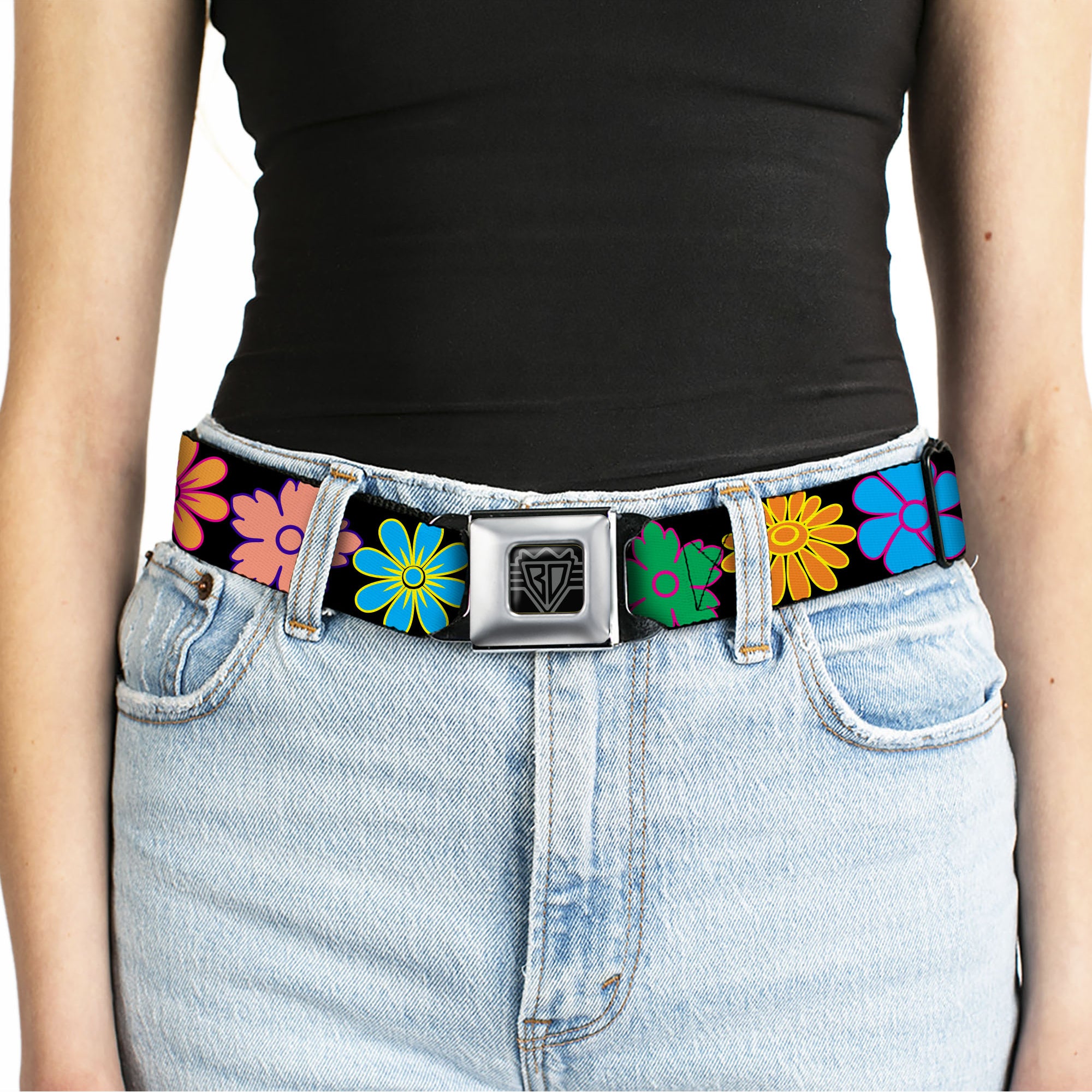 BD Wings Logo CLOSE-UP Full Color Black Silver Seatbelt Belt - Flowers Black/Multi Color Webbing Seatbelt Belts Buckle-Down