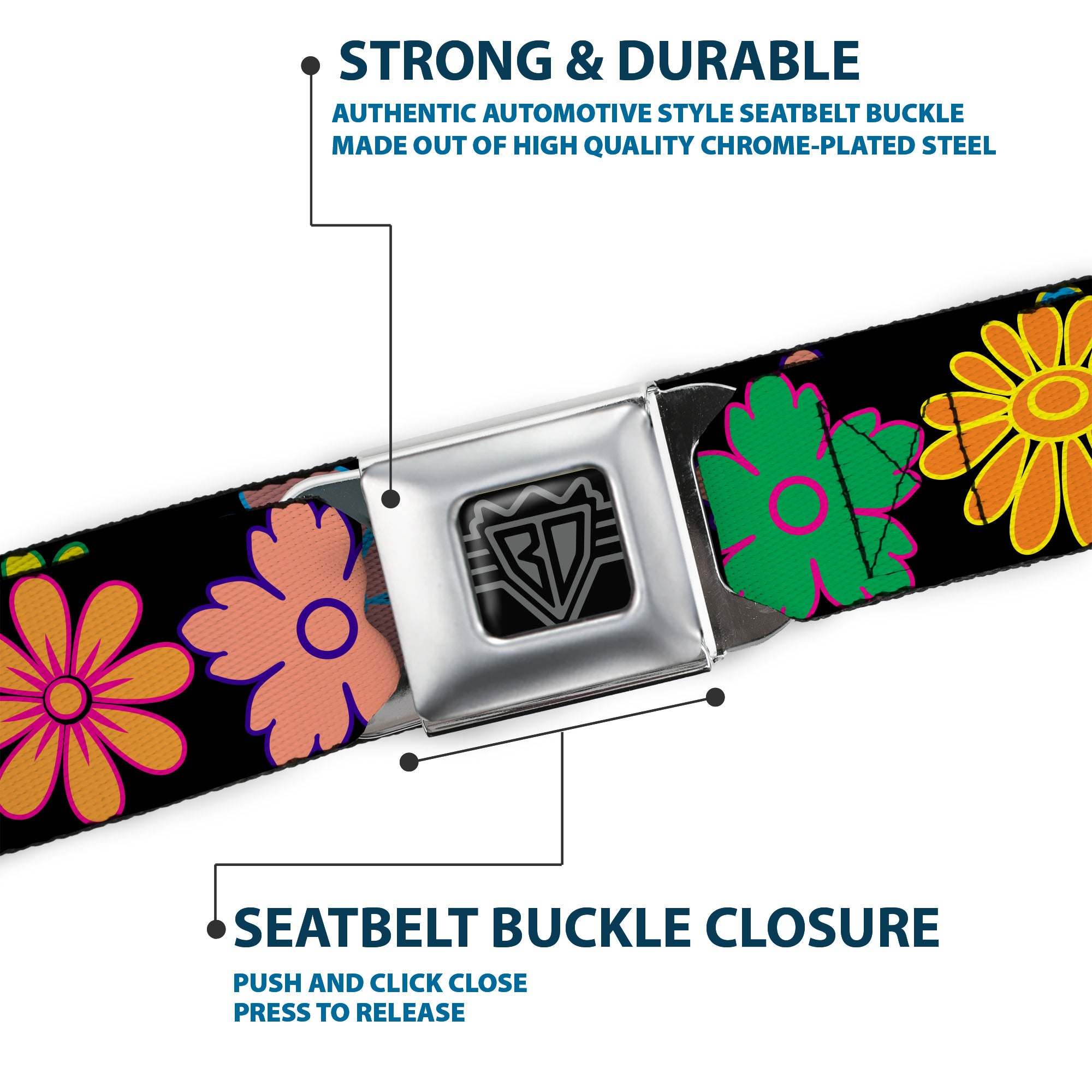 BD Wings Logo CLOSE-UP Full Color Black Silver Seatbelt Belt - Flowers Black/Multi Color Webbing Seatbelt Belts Buckle-Down