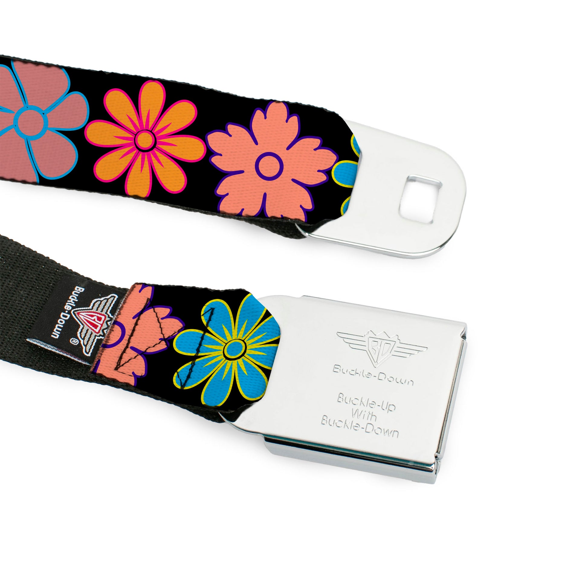 BD Wings Logo CLOSE-UP Full Color Black Silver Seatbelt Belt - Flowers Black/Multi Color Webbing Seatbelt Belts Buckle-Down