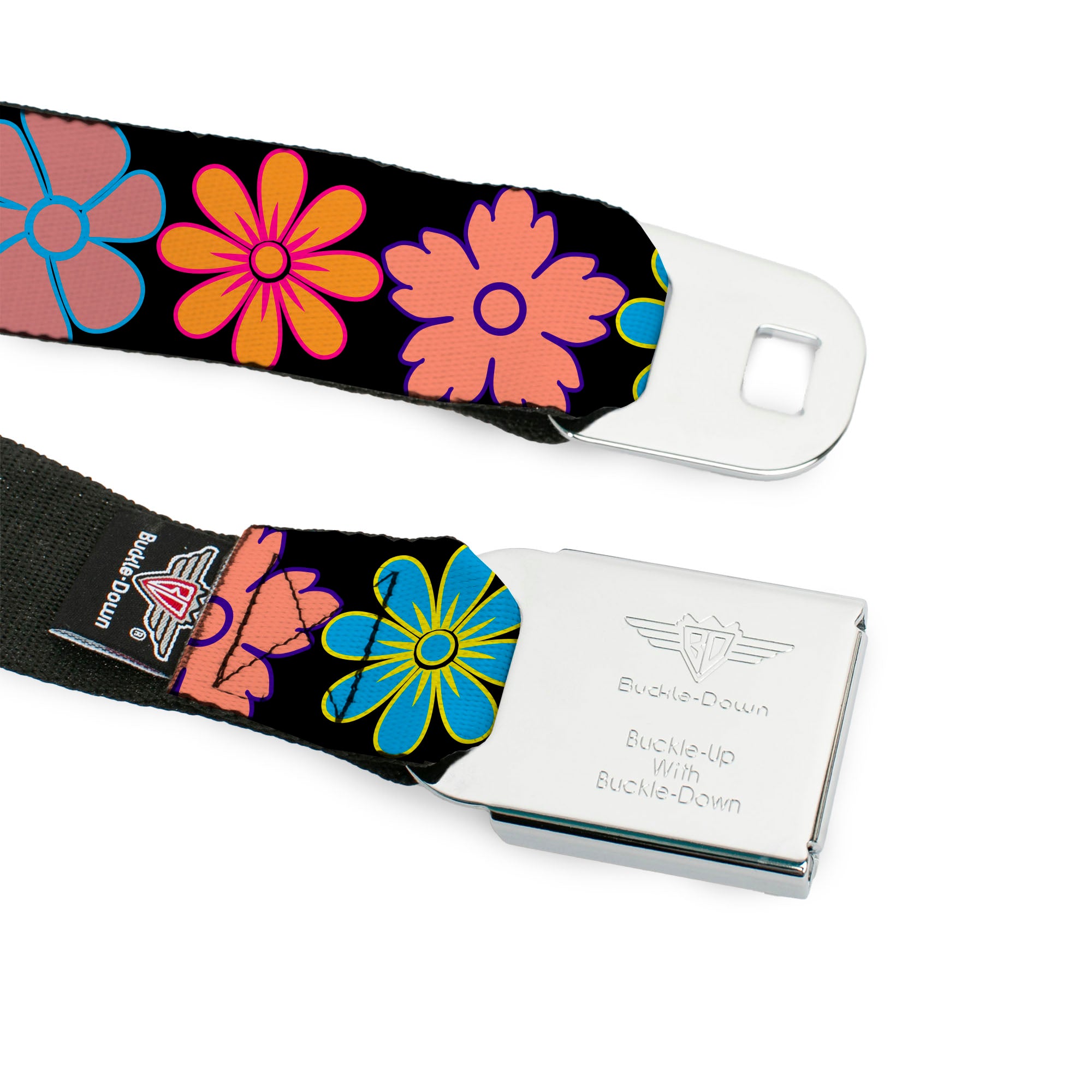 BD Wings Logo CLOSE-UP Full Color Black Silver Seatbelt Belt - Flowers Black/Multi Color Webbing Seatbelt Belts Buckle-Down
