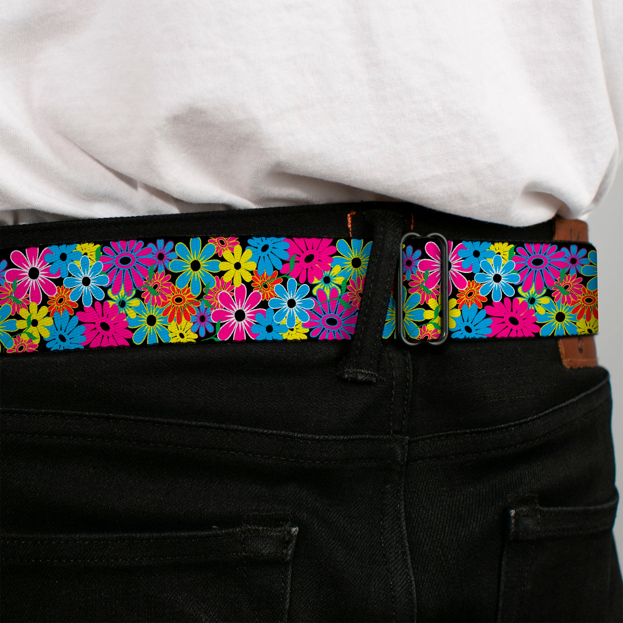 BD Wings Logo CLOSE-UP Full Color Black Silver Seatbelt Belt - Flower Blossom Webbing Seatbelt Belts Buckle-Down