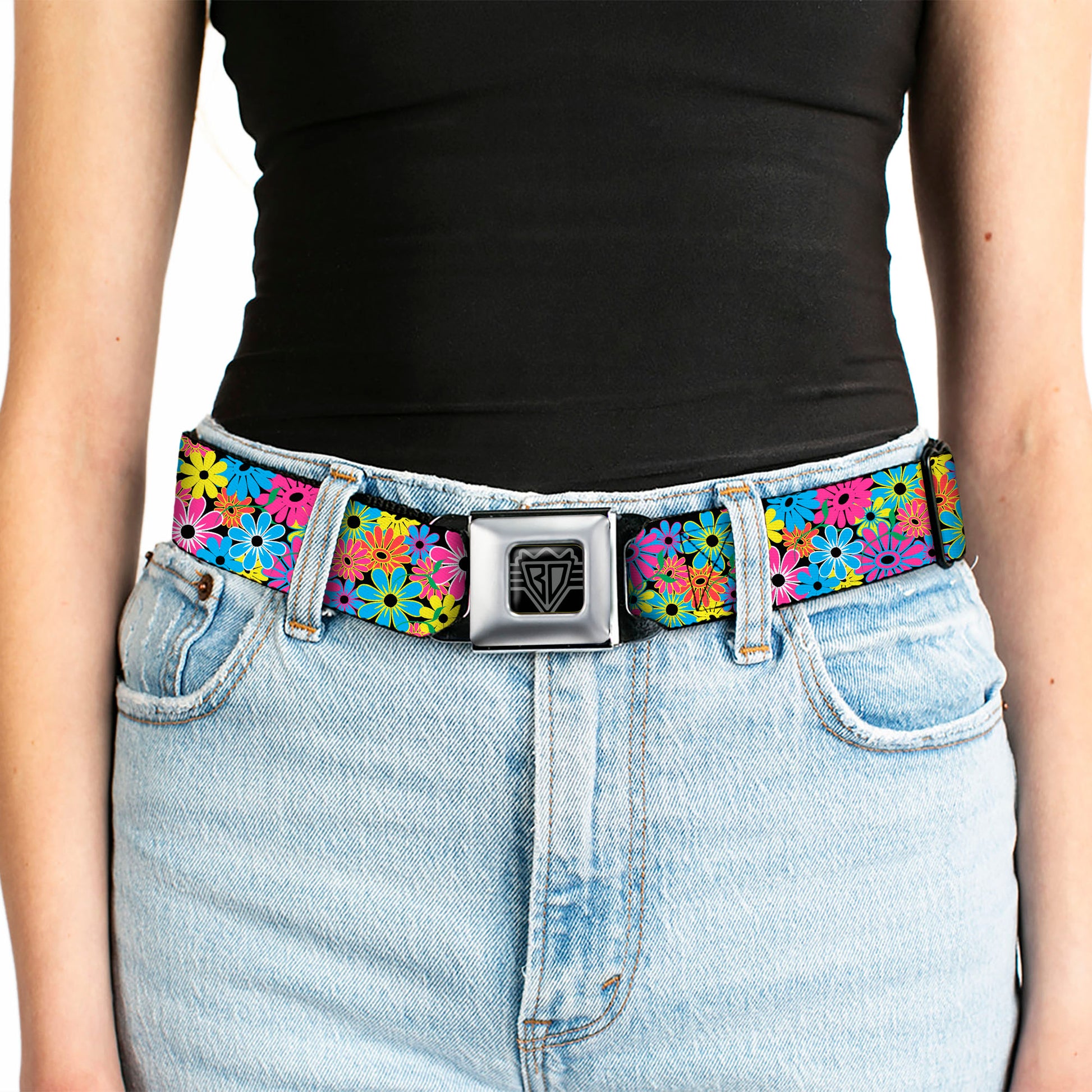 BD Wings Logo CLOSE-UP Full Color Black Silver Seatbelt Belt - Flower Blossom Webbing Seatbelt Belts Buckle-Down