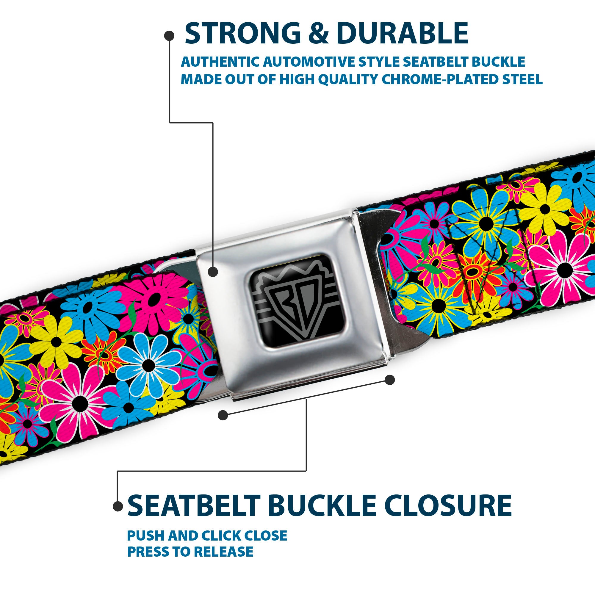 BD Wings Logo CLOSE-UP Full Color Black Silver Seatbelt Belt - Flower Blossom Webbing Seatbelt Belts Buckle-Down