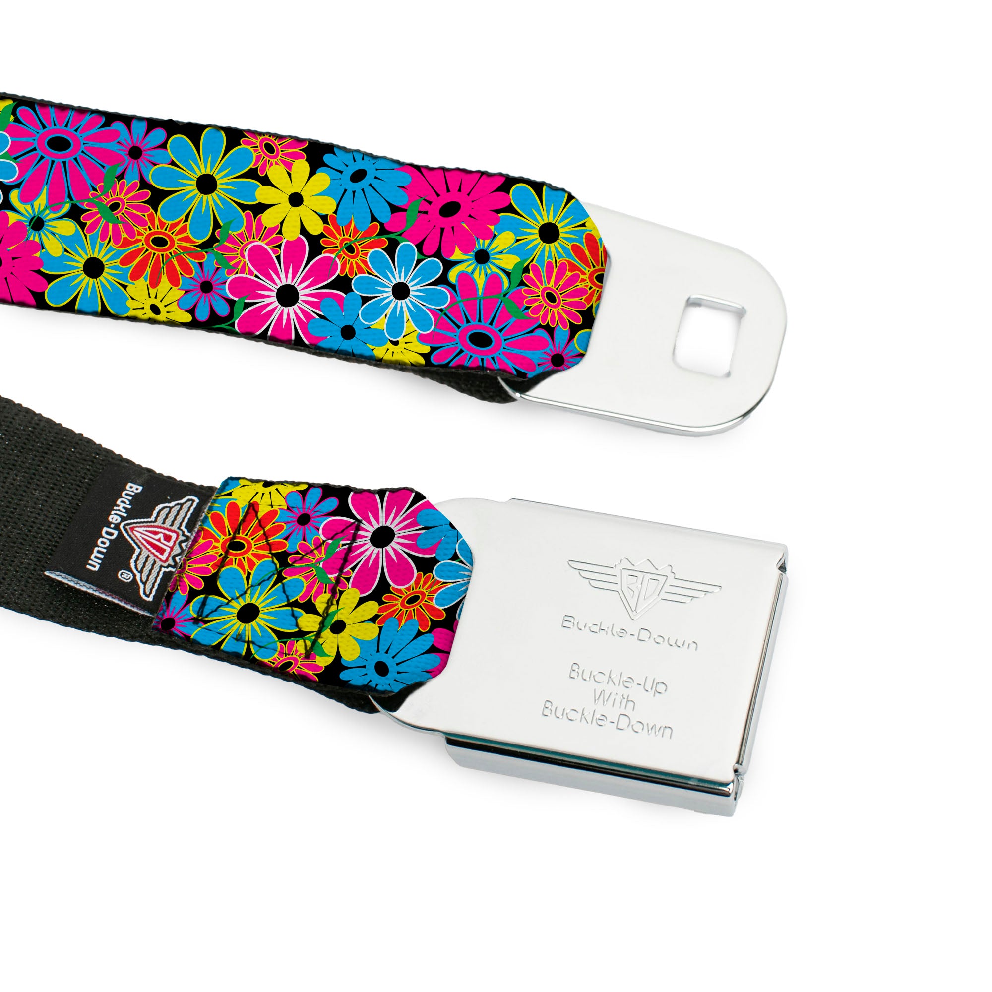 BD Wings Logo CLOSE-UP Full Color Black Silver Seatbelt Belt - Flower Blossom Webbing Seatbelt Belts Buckle-Down