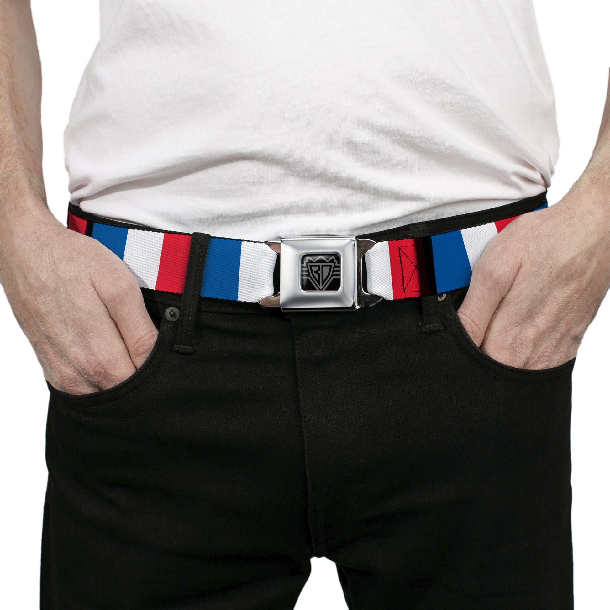 BD Wings Logo CLOSE-UP Full Color Black Silver Seatbelt Belt - France Flags Webbing Seatbelt Belts Buckle-Down