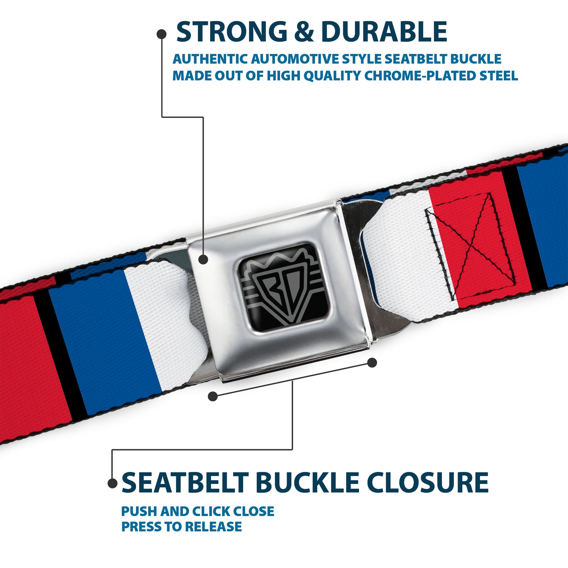BD Wings Logo CLOSE-UP Full Color Black Silver Seatbelt Belt - France Flags Webbing Seatbelt Belts Buckle-Down