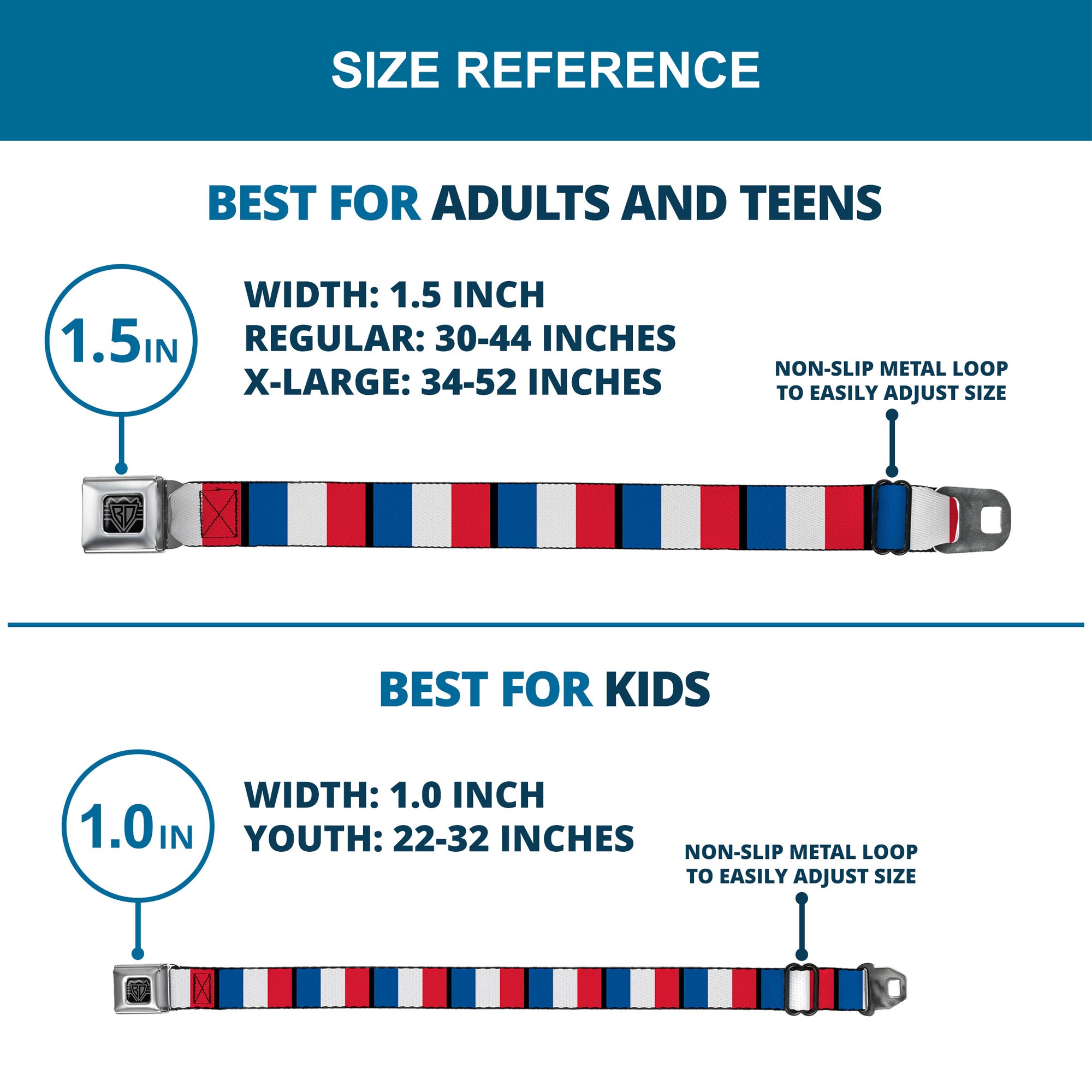 BD Wings Logo CLOSE-UP Full Color Black Silver Seatbelt Belt - France Flags Webbing Seatbelt Belts Buckle-Down