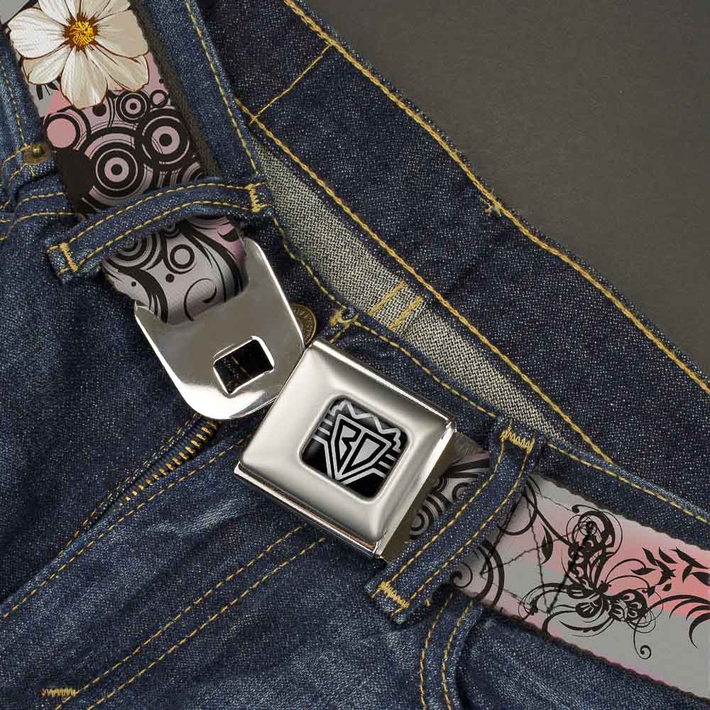 BD Wings Logo CLOSE-UP Full Color Black Silver Seatbelt Belt - Flowers w/Filigree Pink Webbing Seatbelt Belts Buckle-Down