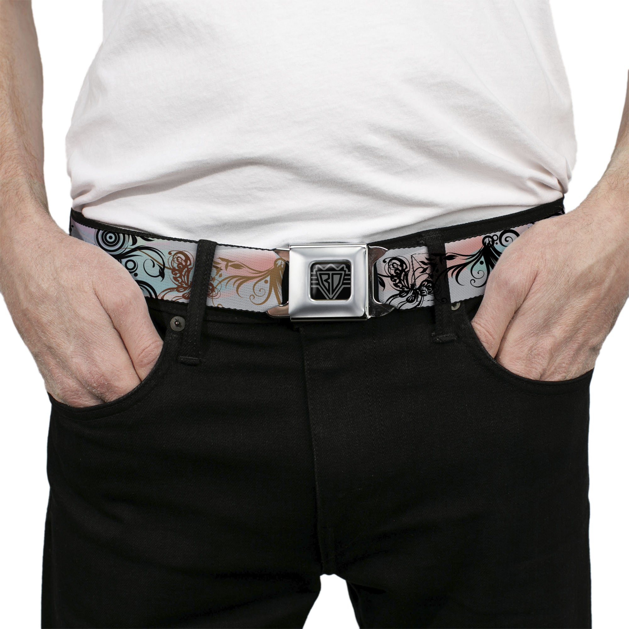 BD Wings Logo CLOSE-UP Full Color Black Silver Seatbelt Belt - Flowers w/Filigree Pink Webbing Seatbelt Belts Buckle-Down