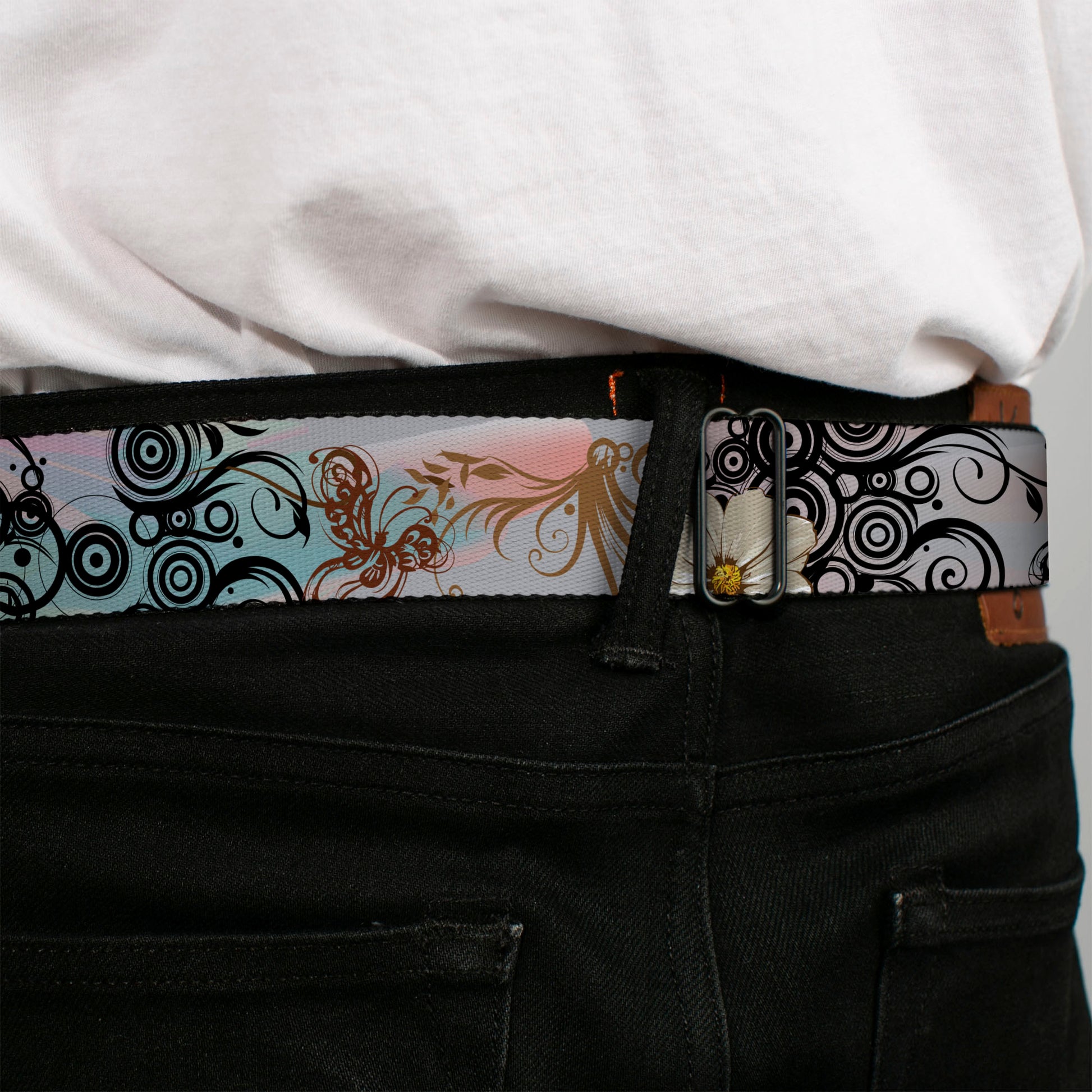 BD Wings Logo CLOSE-UP Full Color Black Silver Seatbelt Belt - Flowers w/Filigree Pink Webbing Seatbelt Belts Buckle-Down