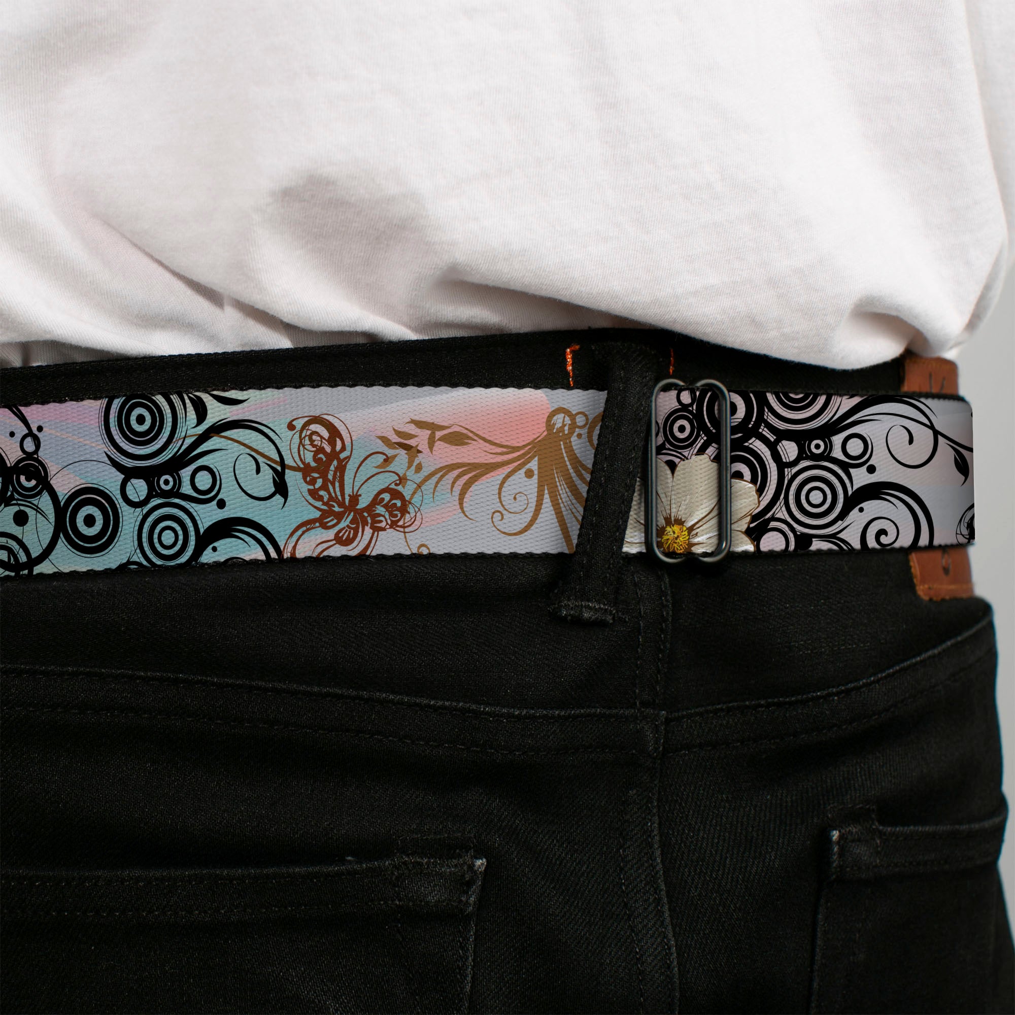 BD Wings Logo CLOSE-UP Full Color Black Silver Seatbelt Belt - Flowers w/Filigree Pink Webbing Seatbelt Belts Buckle-Down