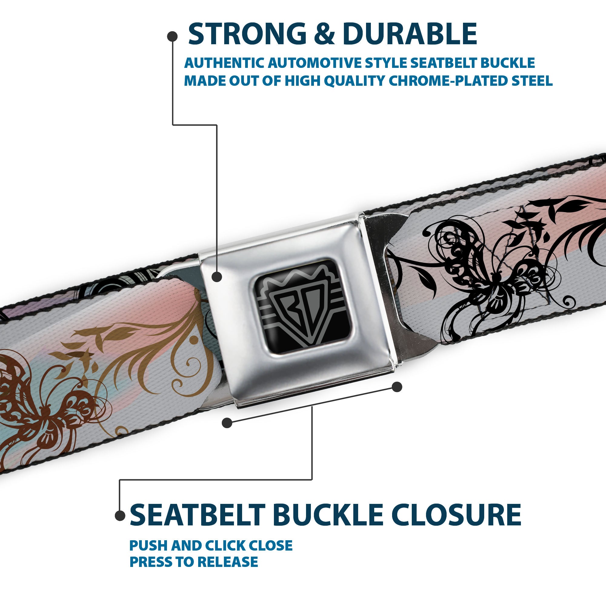 BD Wings Logo CLOSE-UP Full Color Black Silver Seatbelt Belt - Flowers w/Filigree Pink Webbing Seatbelt Belts Buckle-Down