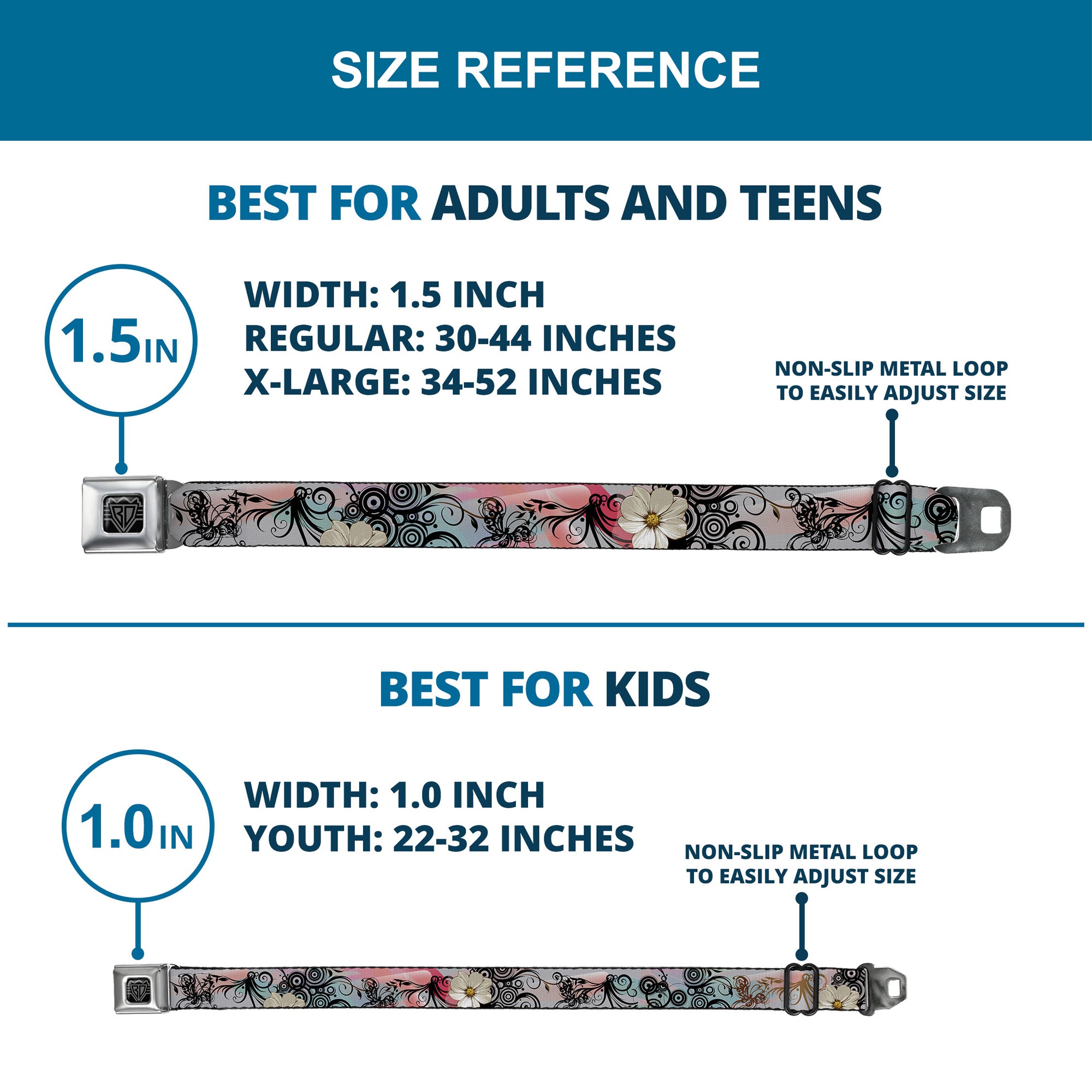 BD Wings Logo CLOSE-UP Full Color Black Silver Seatbelt Belt - Flowers w/Filigree Pink Webbing Seatbelt Belts Buckle-Down