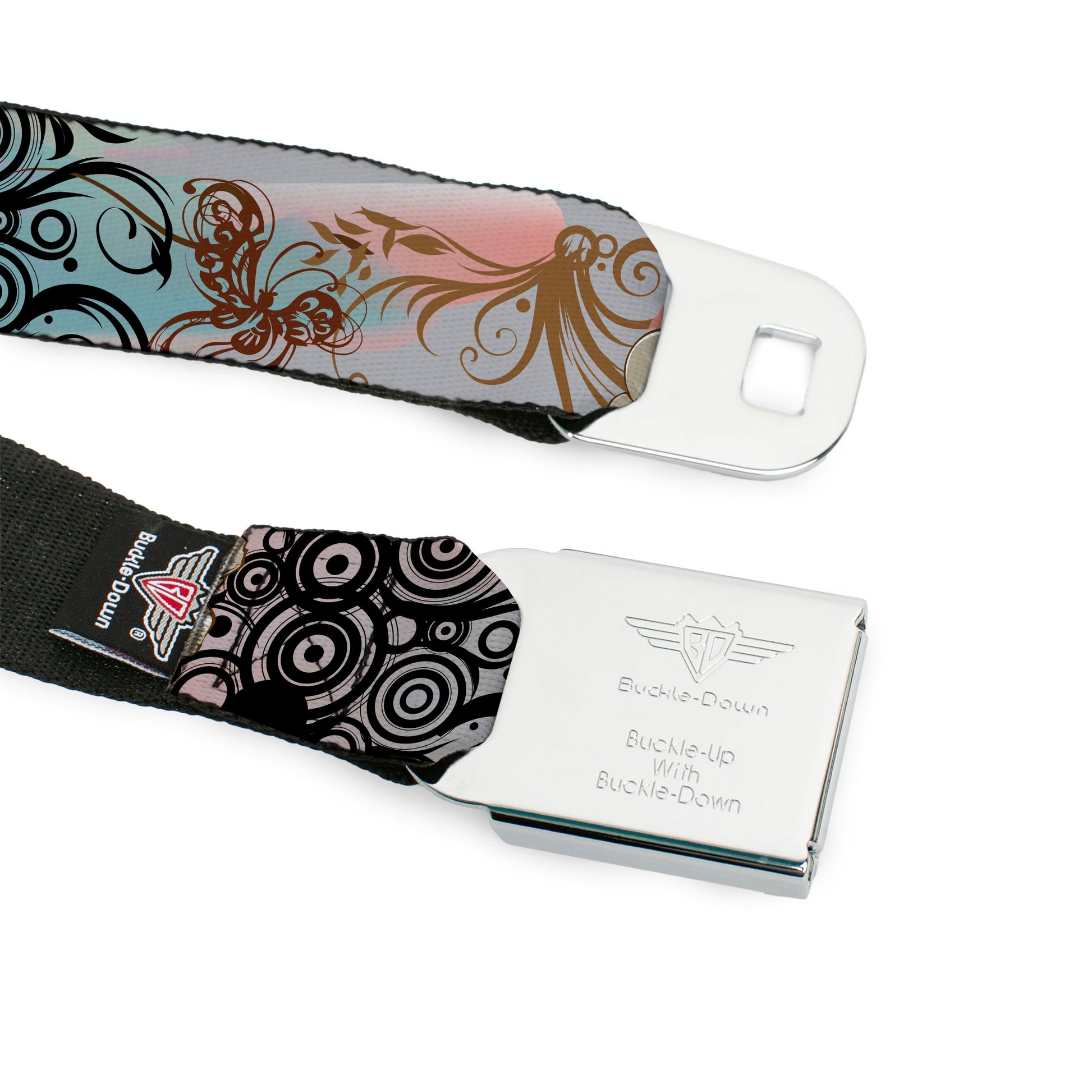 BD Wings Logo CLOSE-UP Full Color Black Silver Seatbelt Belt - Flowers w/Filigree Pink Webbing Seatbelt Belts Buckle-Down