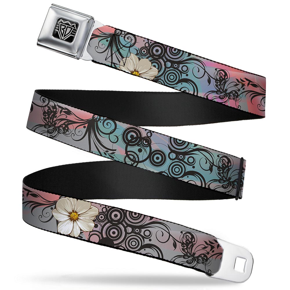 BD Wings Logo CLOSE-UP Full Color Black Silver Seatbelt Belt - Flowers w/Filigree Pink Webbing Seatbelt Belts Buckle-Down