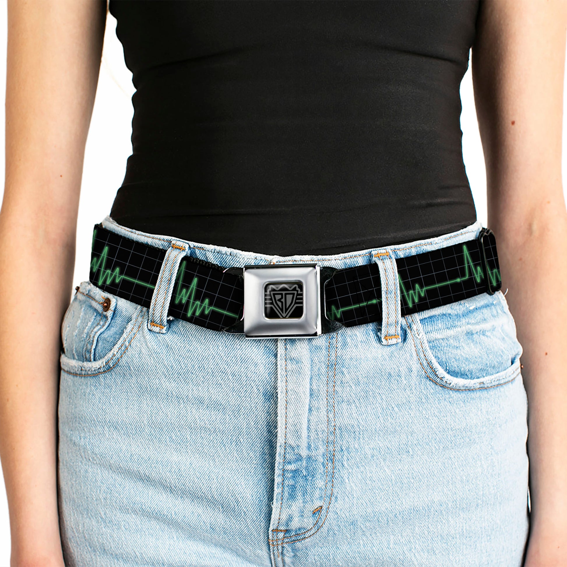 BD Wings Logo CLOSE-UP Full Color Black Silver Seatbelt Belt - Flatline Webbing Seatbelt Belts Buckle-Down
