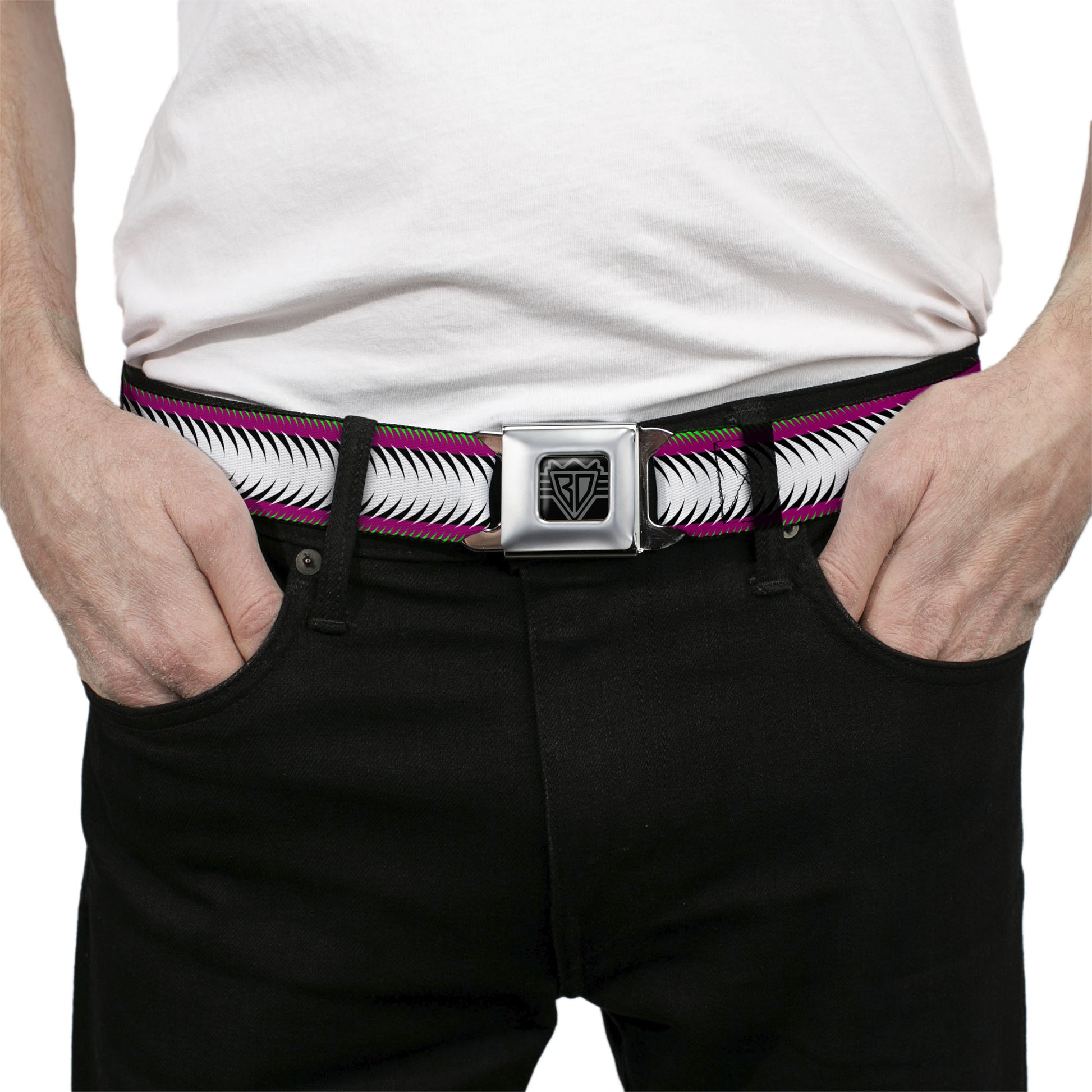 BD Wings Logo CLOSE-UP Full Color Black Silver Seatbelt Belt - Fish Tail Fuchsia/Black/White Webbing Seatbelt Belts Buckle-Down