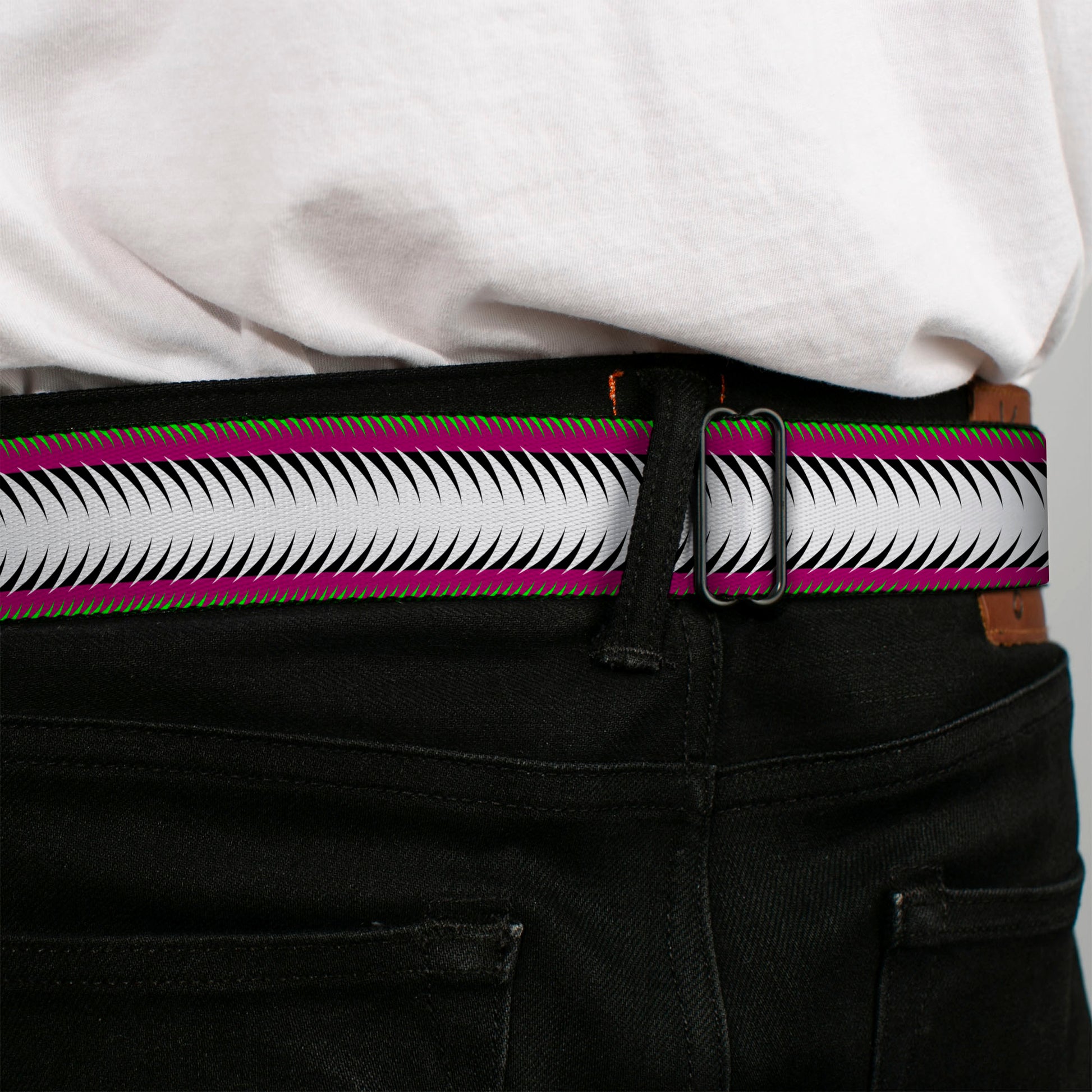 BD Wings Logo CLOSE-UP Full Color Black Silver Seatbelt Belt - Fish Tail Fuchsia/Black/White Webbing Seatbelt Belts Buckle-Down