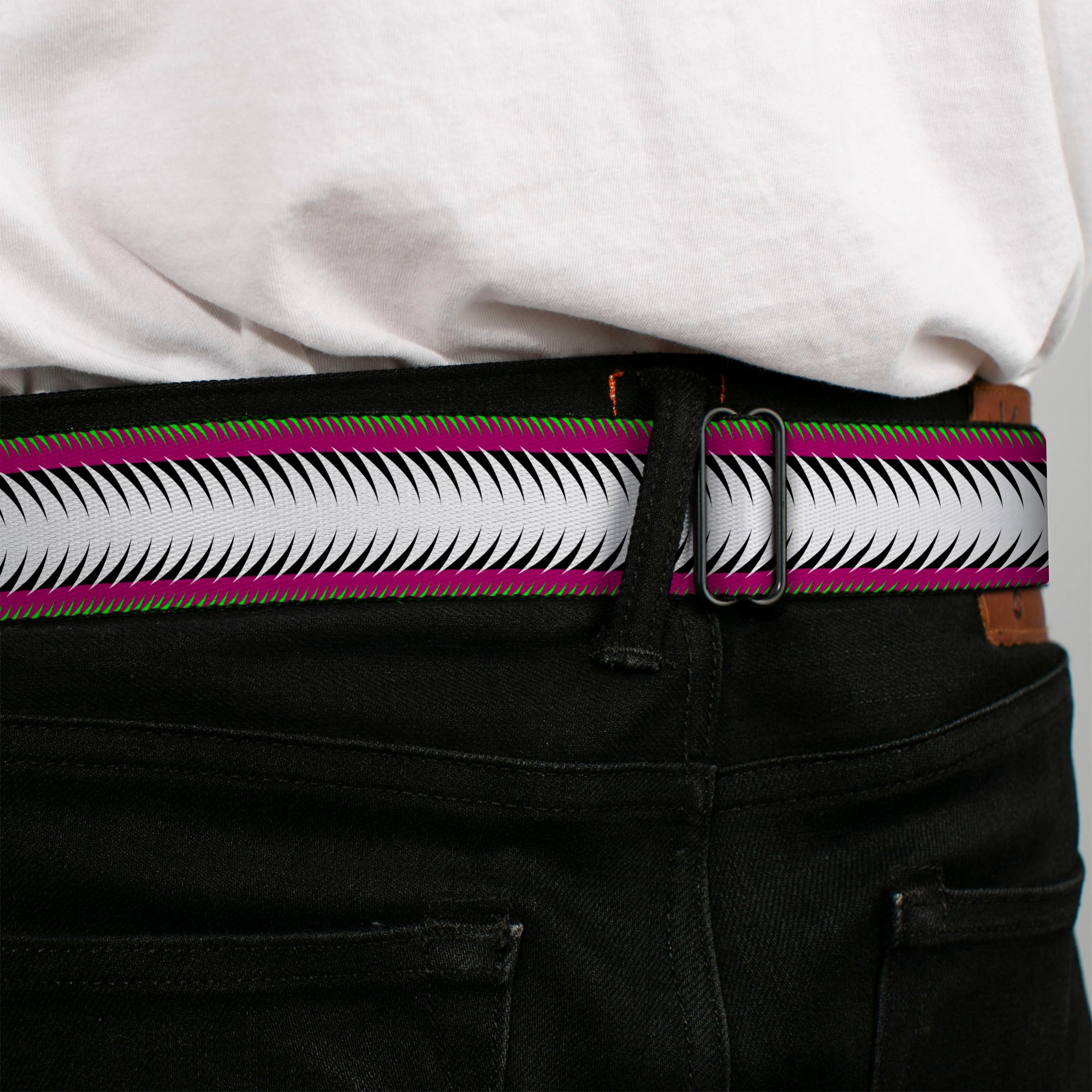 BD Wings Logo CLOSE-UP Full Color Black Silver Seatbelt Belt - Fish Tail Fuchsia/Black/White Webbing Seatbelt Belts Buckle-Down