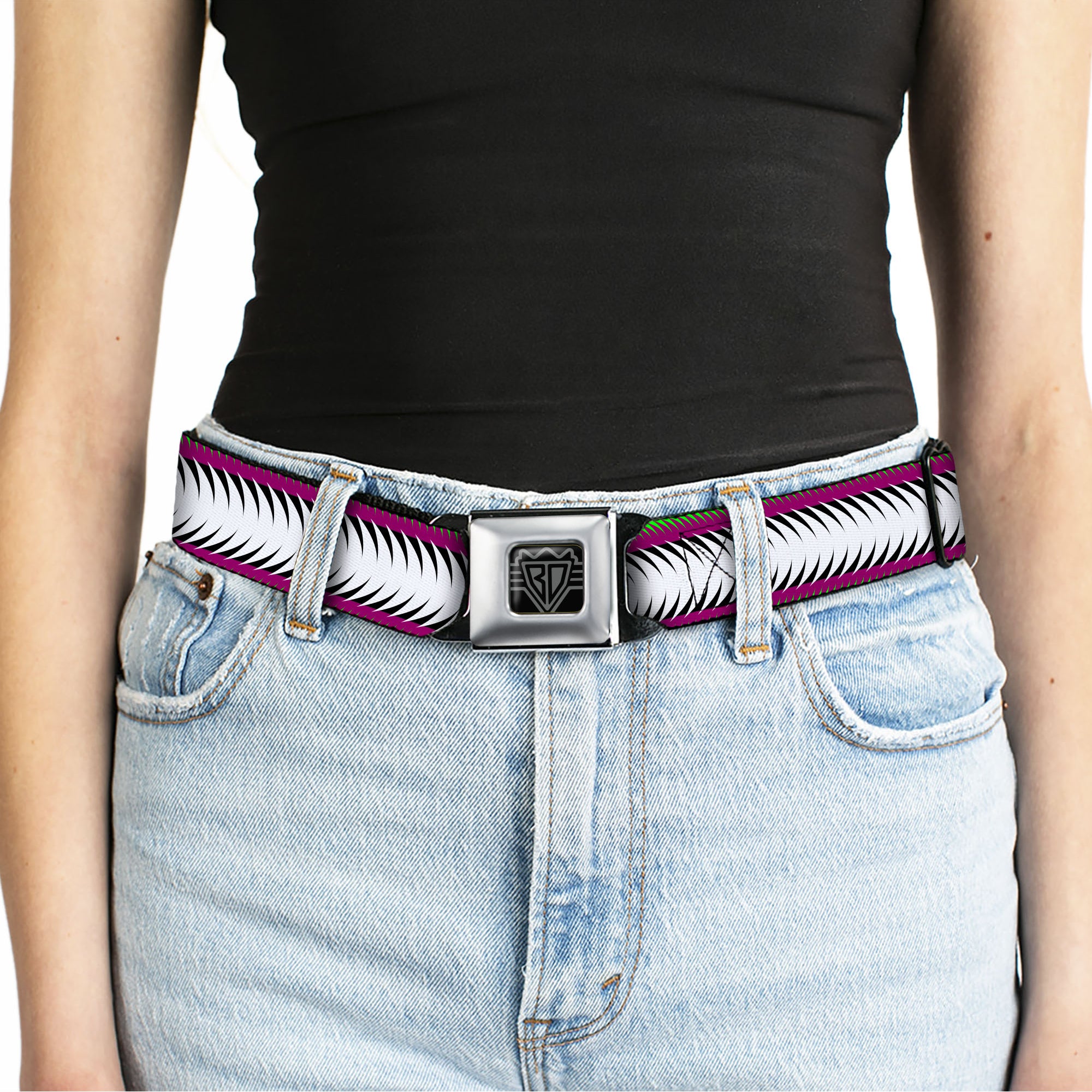 BD Wings Logo CLOSE-UP Full Color Black Silver Seatbelt Belt - Fish Tail Fuchsia/Black/White Webbing Seatbelt Belts Buckle-Down