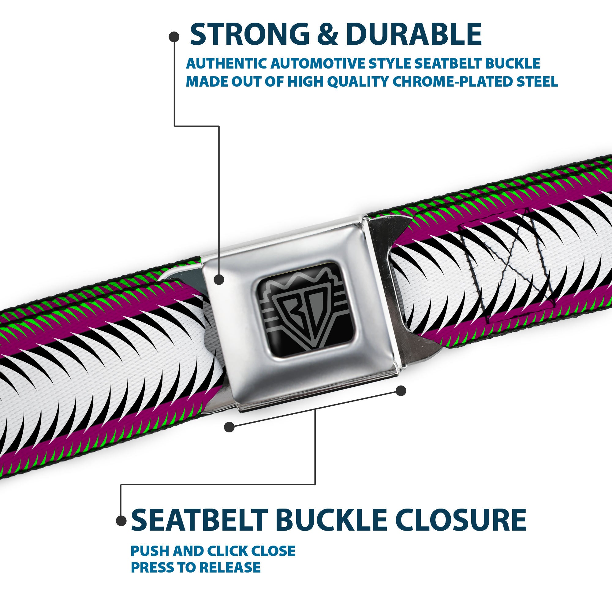 BD Wings Logo CLOSE-UP Full Color Black Silver Seatbelt Belt - Fish Tail Fuchsia/Black/White Webbing Seatbelt Belts Buckle-Down