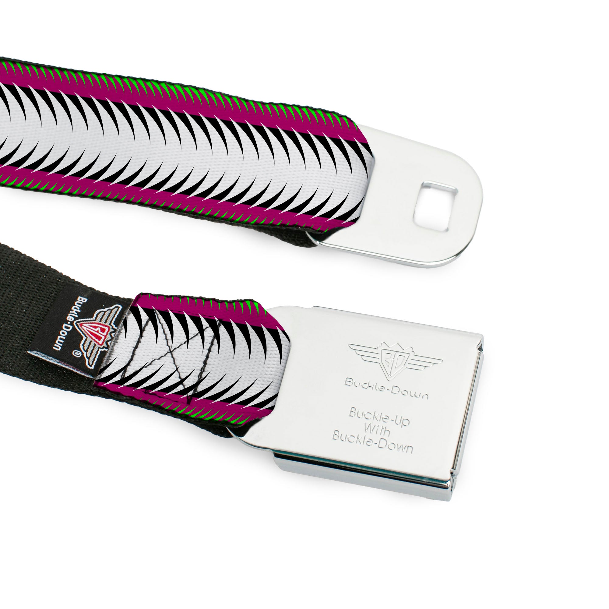 BD Wings Logo CLOSE-UP Full Color Black Silver Seatbelt Belt - Fish Tail Fuchsia/Black/White Webbing Seatbelt Belts Buckle-Down