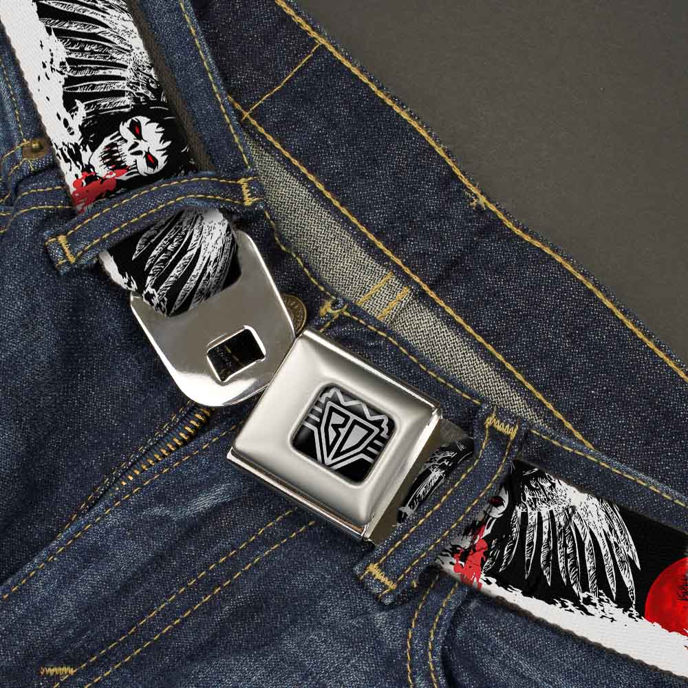 BD Wings Logo CLOSE-UP Full Color Black Silver Seatbelt Belt - Fright Night Black/White/Red Webbing Seatbelt Belts Buckle-Down