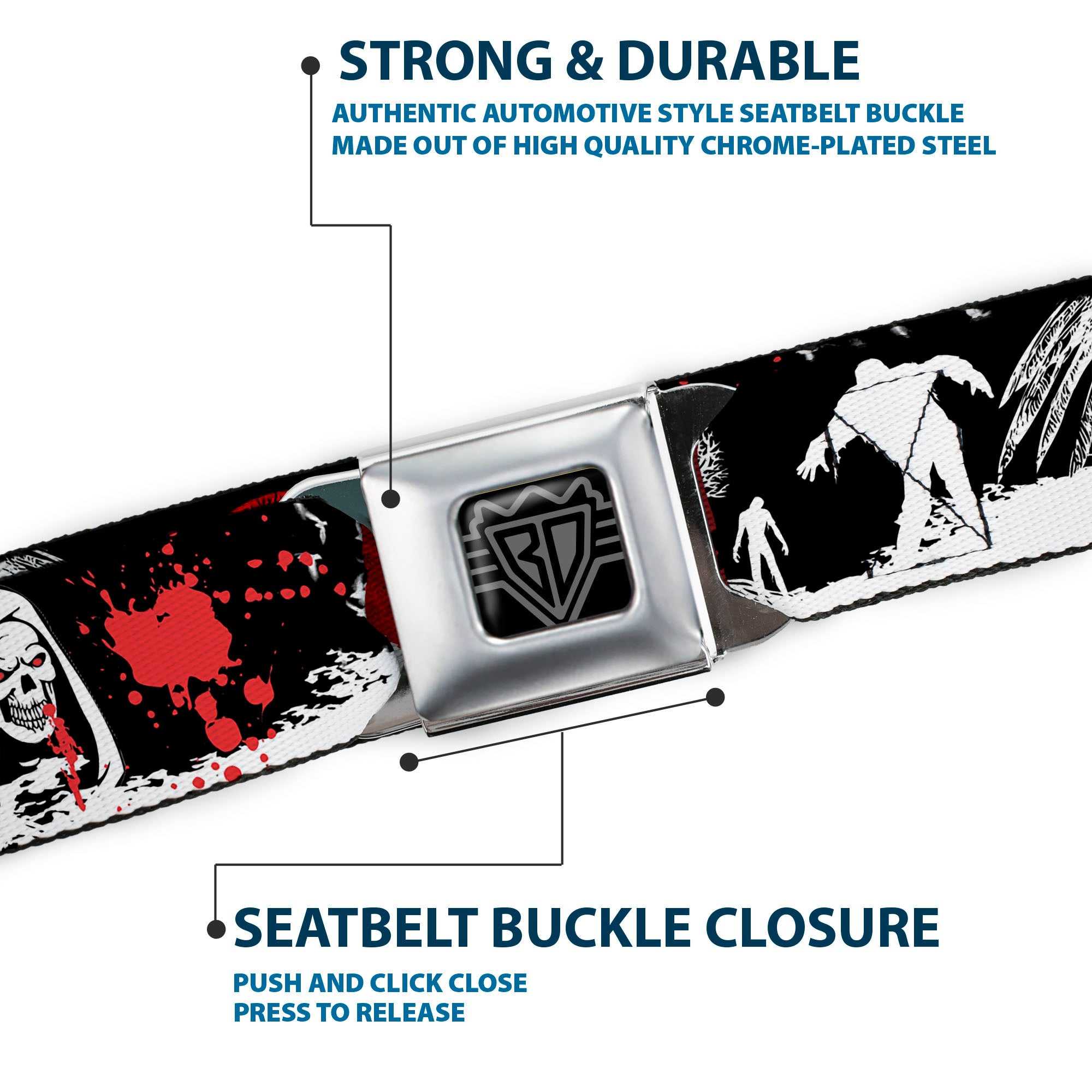 BD Wings Logo CLOSE-UP Full Color Black Silver Seatbelt Belt - Fright Night Black/White/Red Webbing Seatbelt Belts Buckle-Down