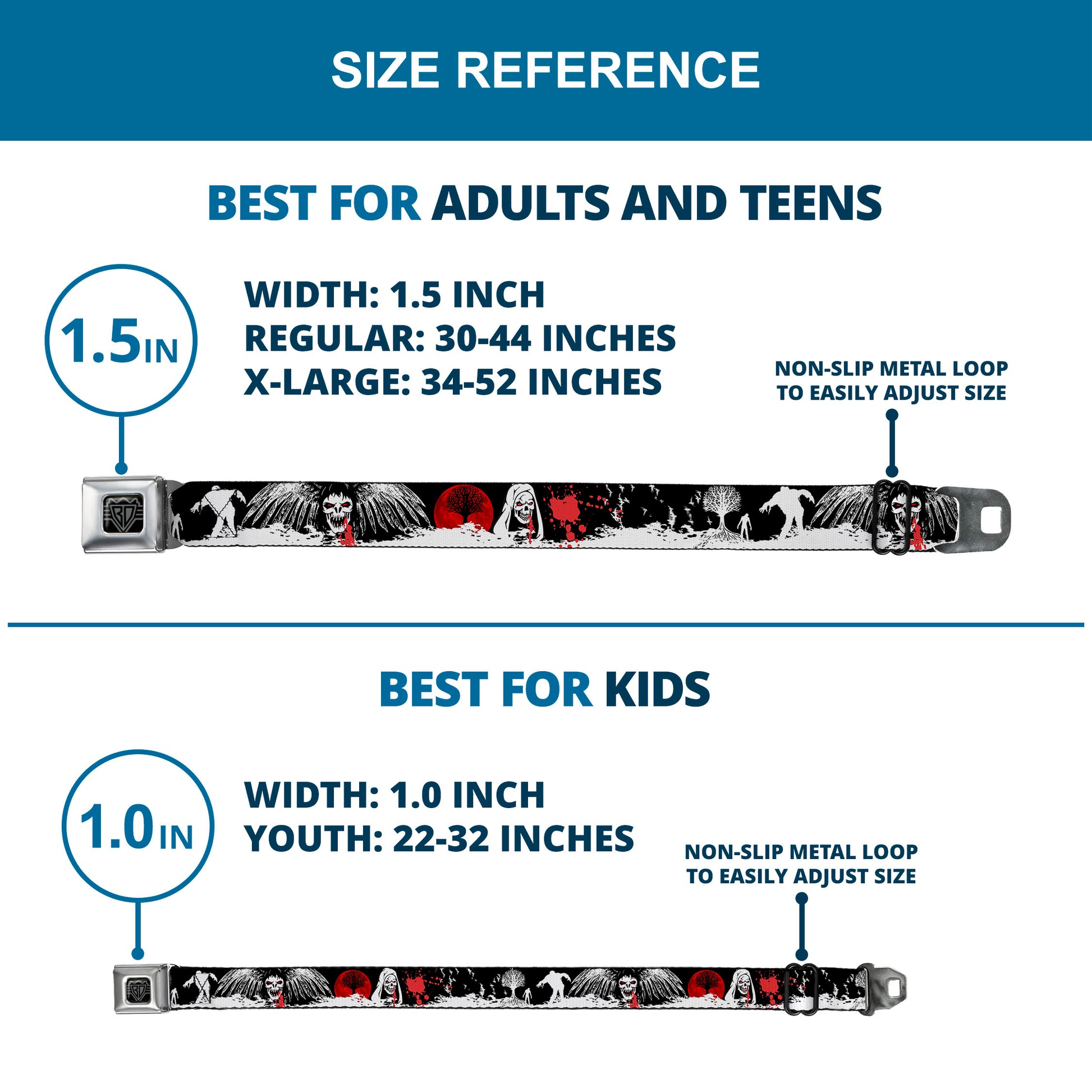 BD Wings Logo CLOSE-UP Full Color Black Silver Seatbelt Belt - Fright Night Black/White/Red Webbing Seatbelt Belts Buckle-Down