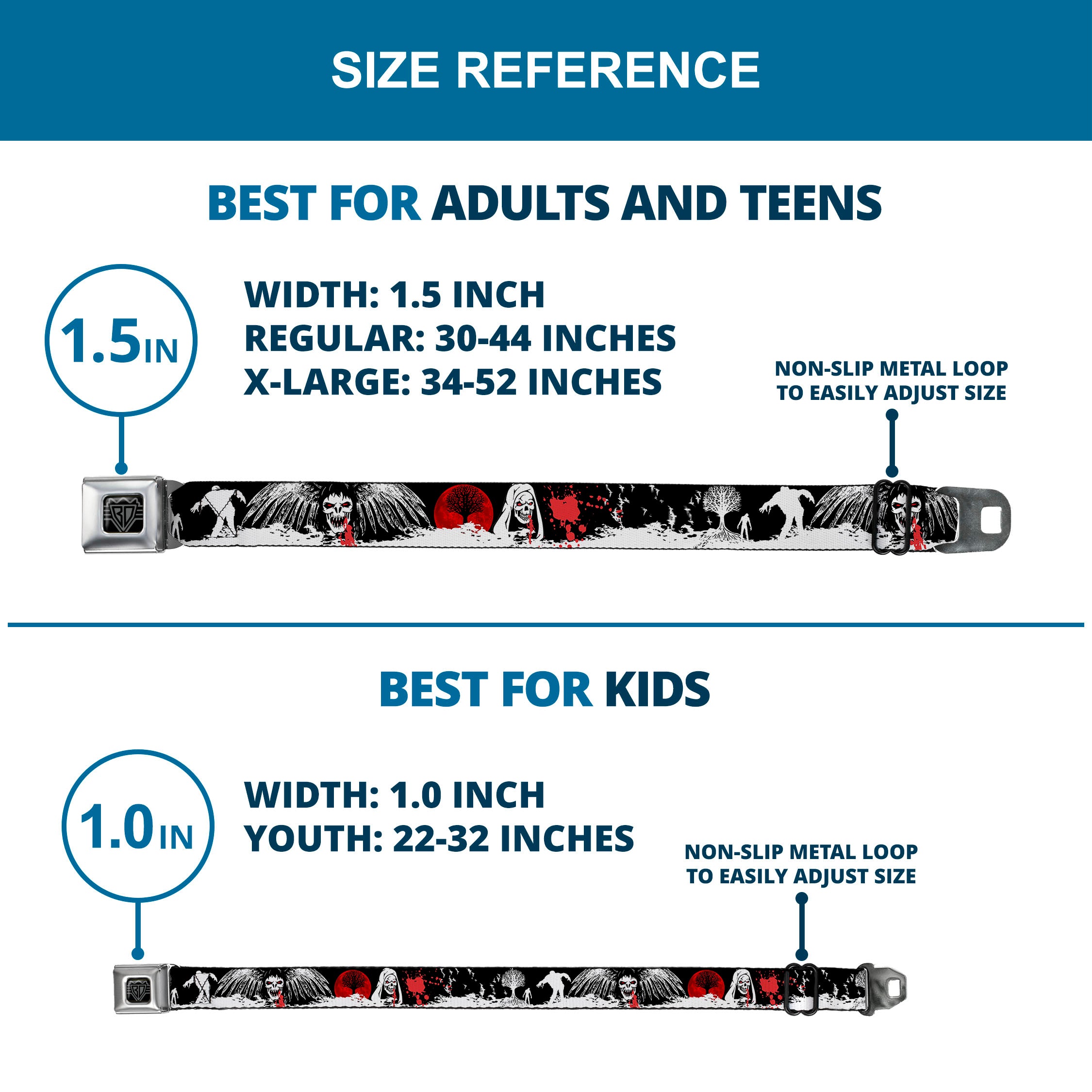 BD Wings Logo CLOSE-UP Full Color Black Silver Seatbelt Belt - Fright Night Black/White/Red Webbing Seatbelt Belts Buckle-Down