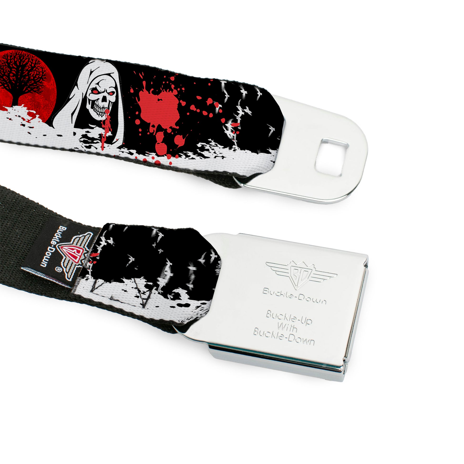 BD Wings Logo CLOSE-UP Full Color Black Silver Seatbelt Belt - Fright Night Black/White/Red Webbing Seatbelt Belts Buckle-Down