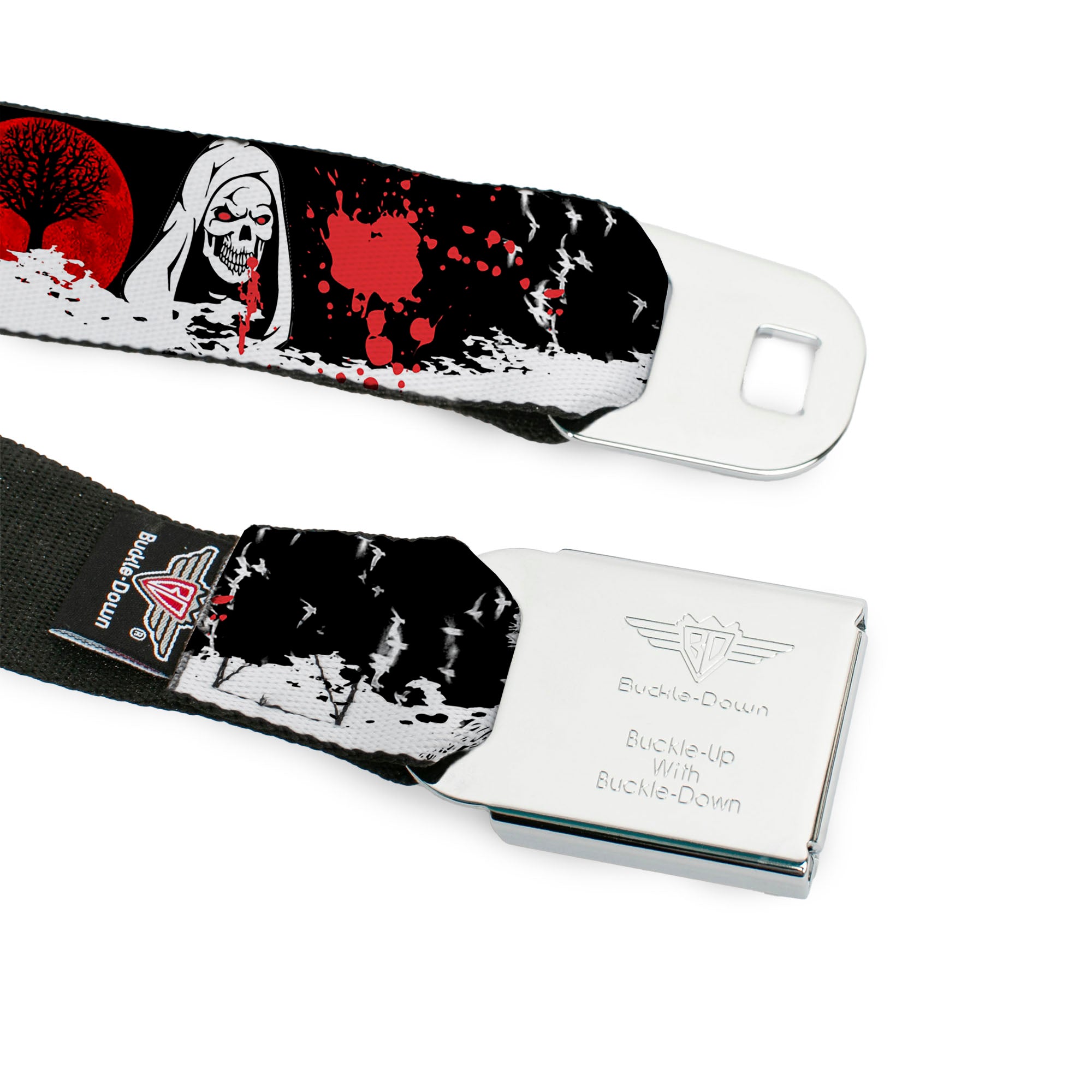 BD Wings Logo CLOSE-UP Full Color Black Silver Seatbelt Belt - Fright Night Black/White/Red Webbing Seatbelt Belts Buckle-Down
