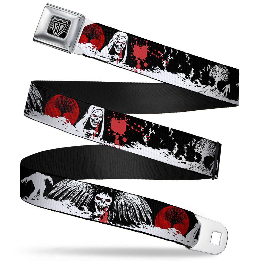 BD Wings Logo CLOSE-UP Full Color Black Silver Seatbelt Belt - Fright Night Black/White/Red Webbing Seatbelt Belts Buckle-Down