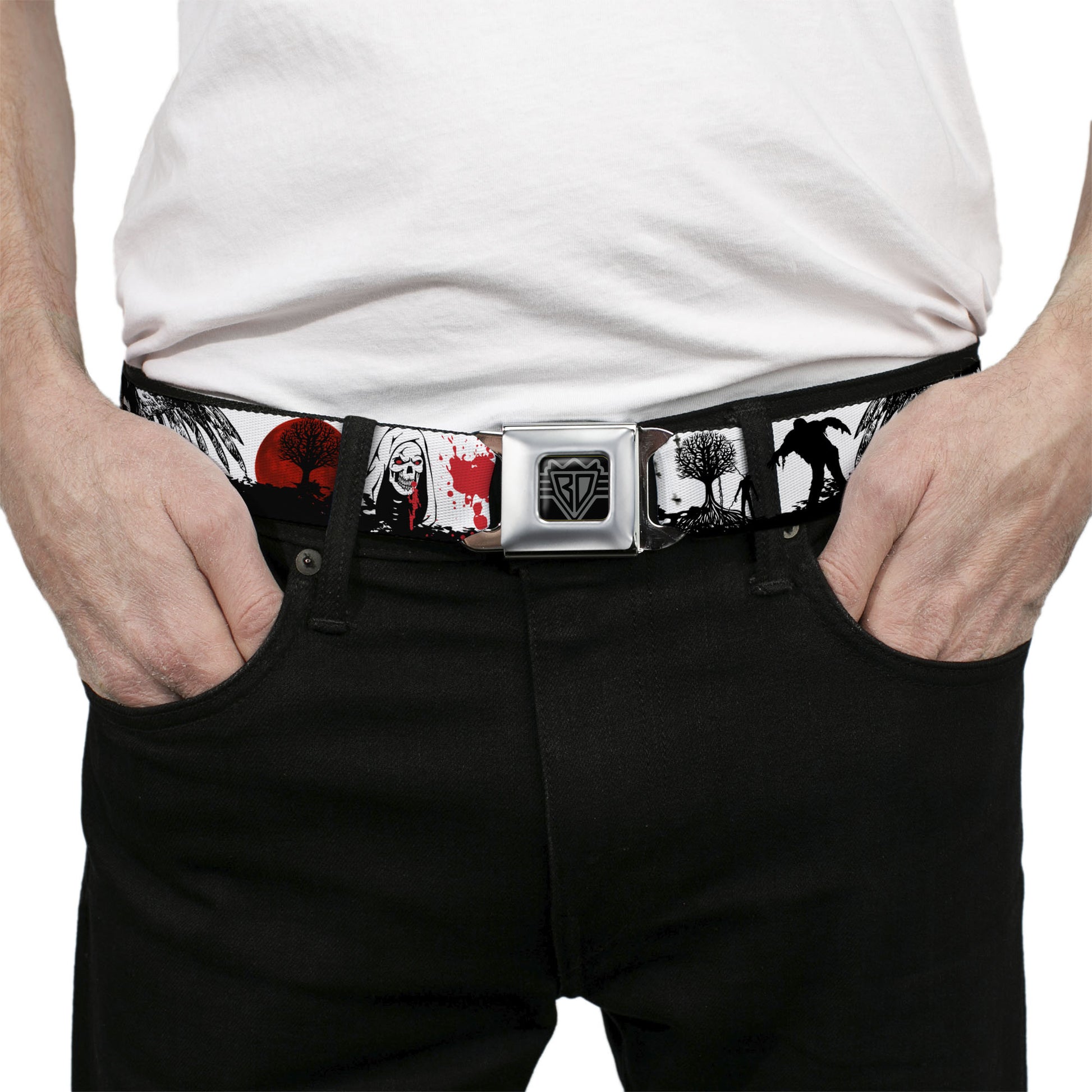 BD Wings Logo CLOSE-UP Full Color Black Silver Seatbelt Belt - Fright Night White/Black/Red Webbing Seatbelt Belts Buckle-Down