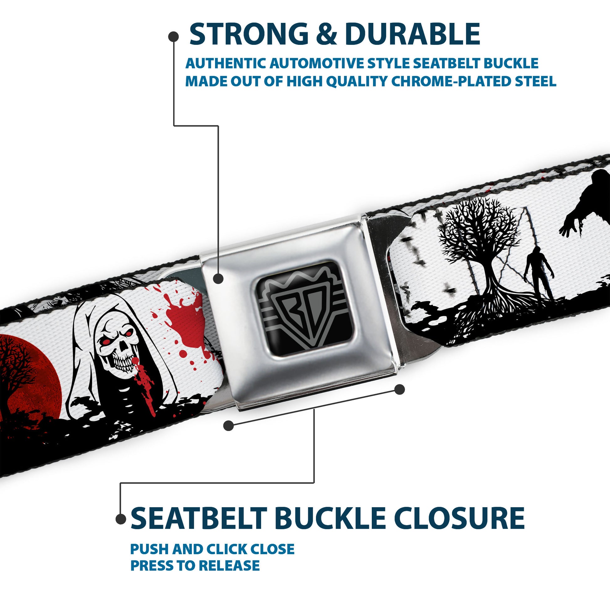 BD Wings Logo CLOSE-UP Full Color Black Silver Seatbelt Belt - Fright Night White/Black/Red Webbing Seatbelt Belts Buckle-Down