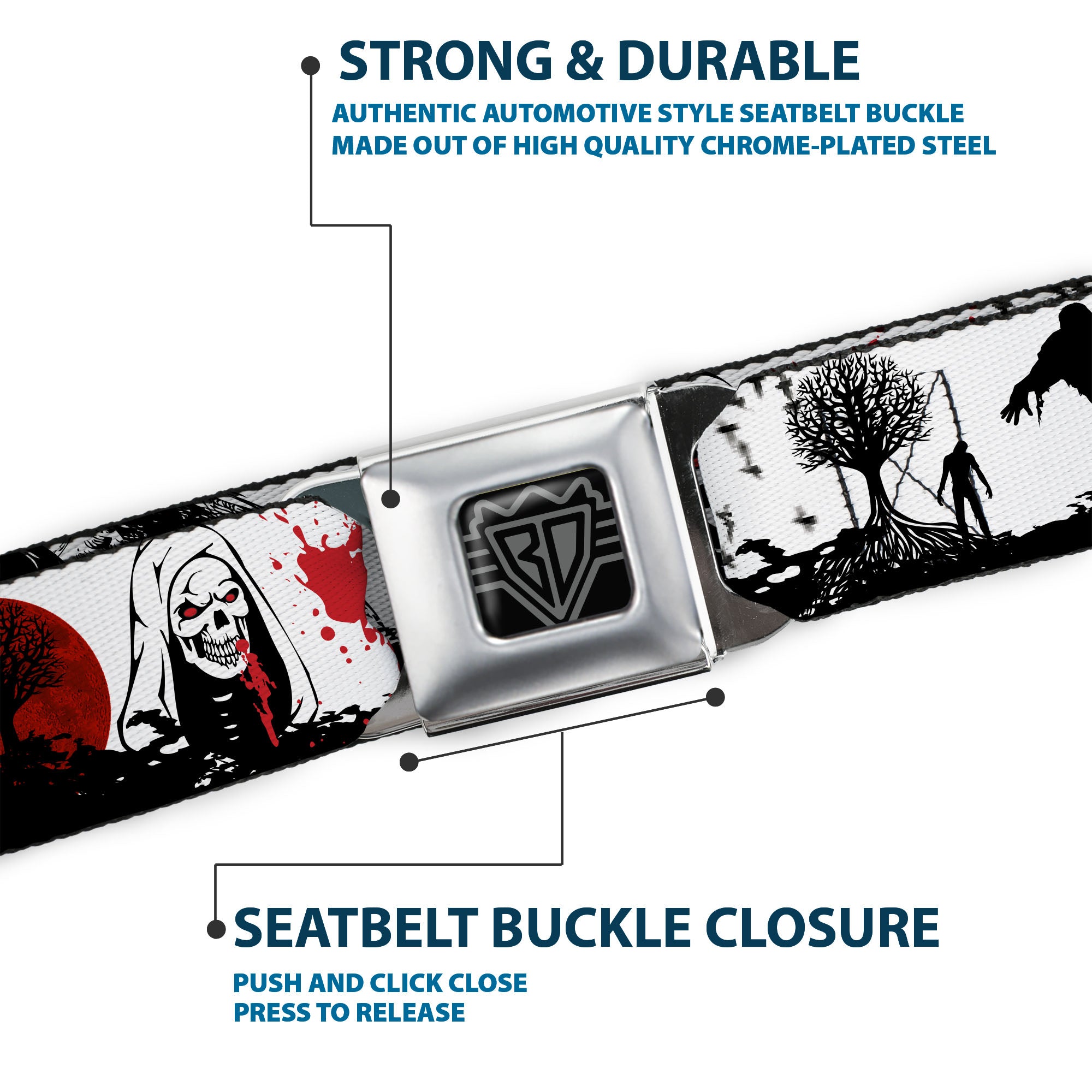 BD Wings Logo CLOSE-UP Full Color Black Silver Seatbelt Belt - Fright Night White/Black/Red Webbing Seatbelt Belts Buckle-Down