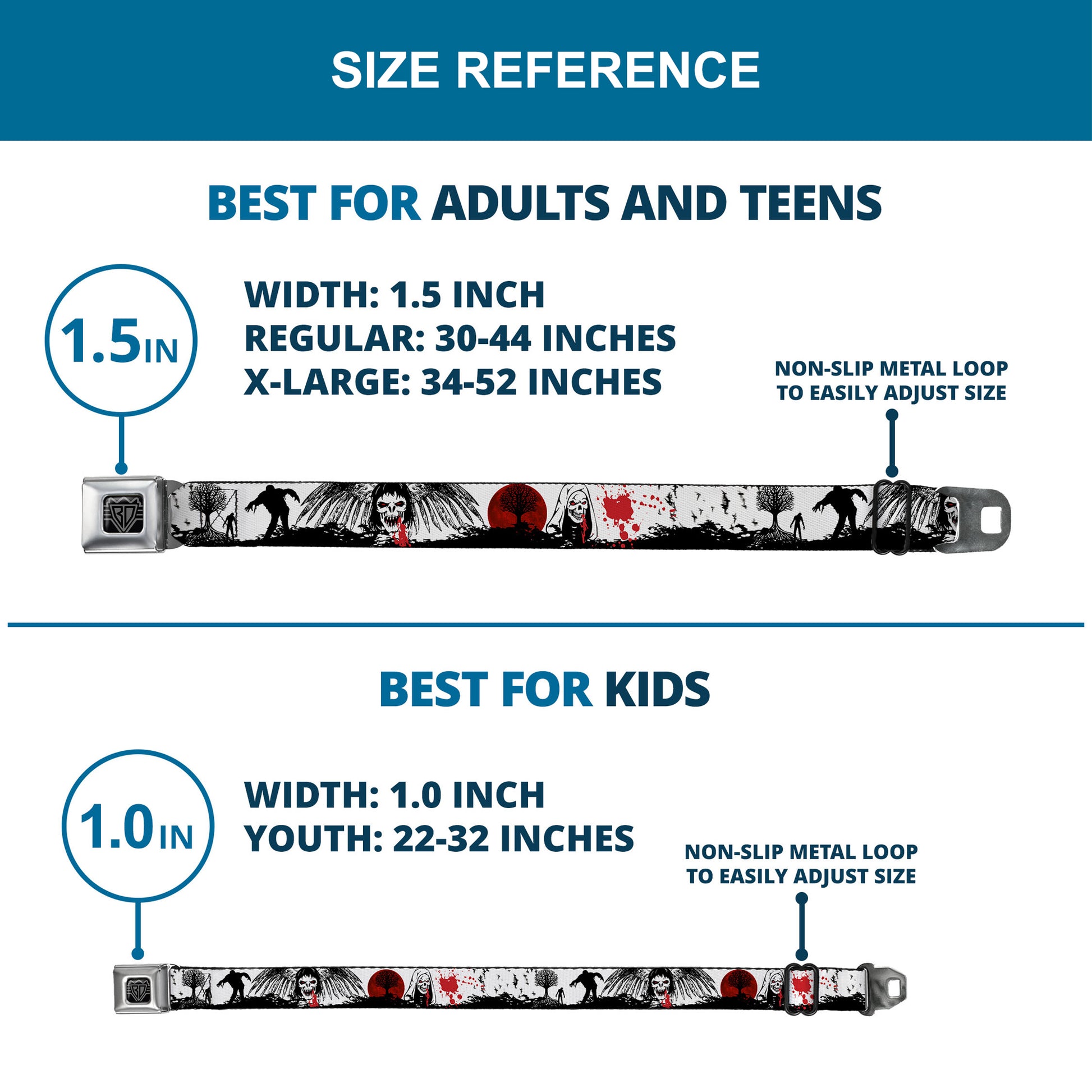 BD Wings Logo CLOSE-UP Full Color Black Silver Seatbelt Belt - Fright Night White/Black/Red Webbing Seatbelt Belts Buckle-Down