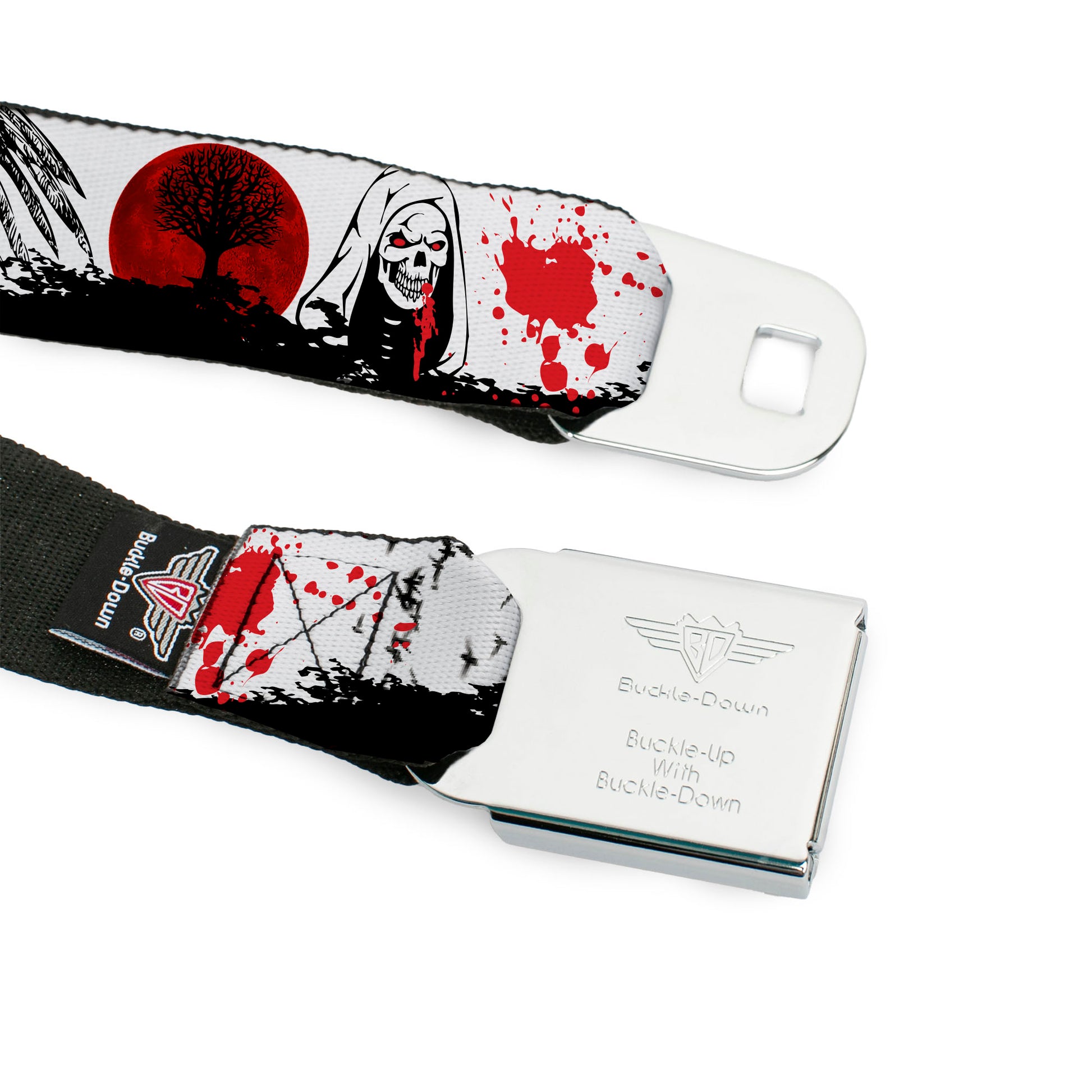 BD Wings Logo CLOSE-UP Full Color Black Silver Seatbelt Belt - Fright Night White/Black/Red Webbing Seatbelt Belts Buckle-Down