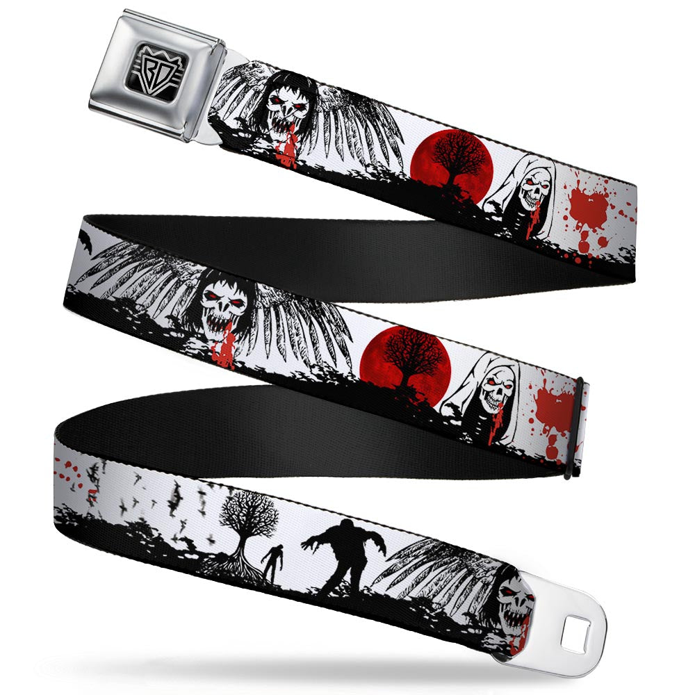 BD Wings Logo CLOSE-UP Full Color Black Silver Seatbelt Belt - Fright Night White/Black/Red Webbing Seatbelt Belts Buckle-Down