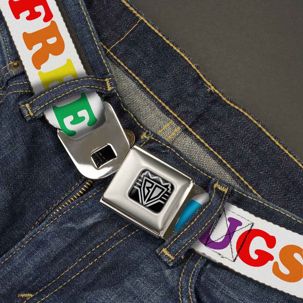 BD Wings Logo CLOSE-UP Full Color Black Silver Seatbelt Belt - FREE HUGS White/Multi Color Webbing Seatbelt Belts Buckle-Down