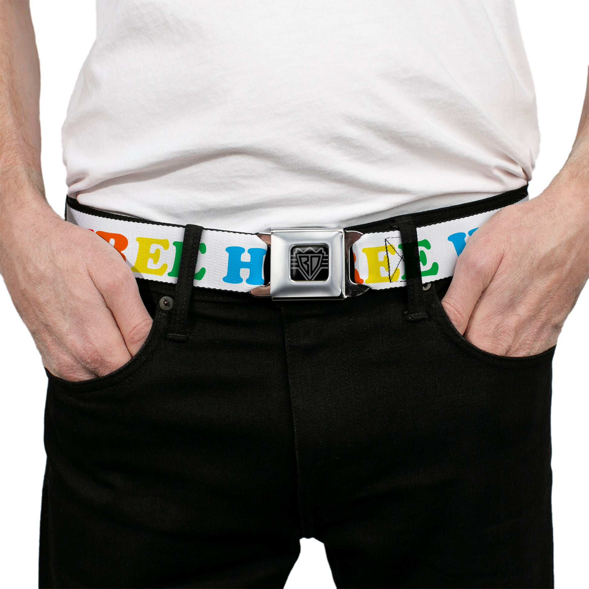 BD Wings Logo CLOSE-UP Full Color Black Silver Seatbelt Belt - FREE HUGS White/Multi Color Webbing Seatbelt Belts Buckle-Down