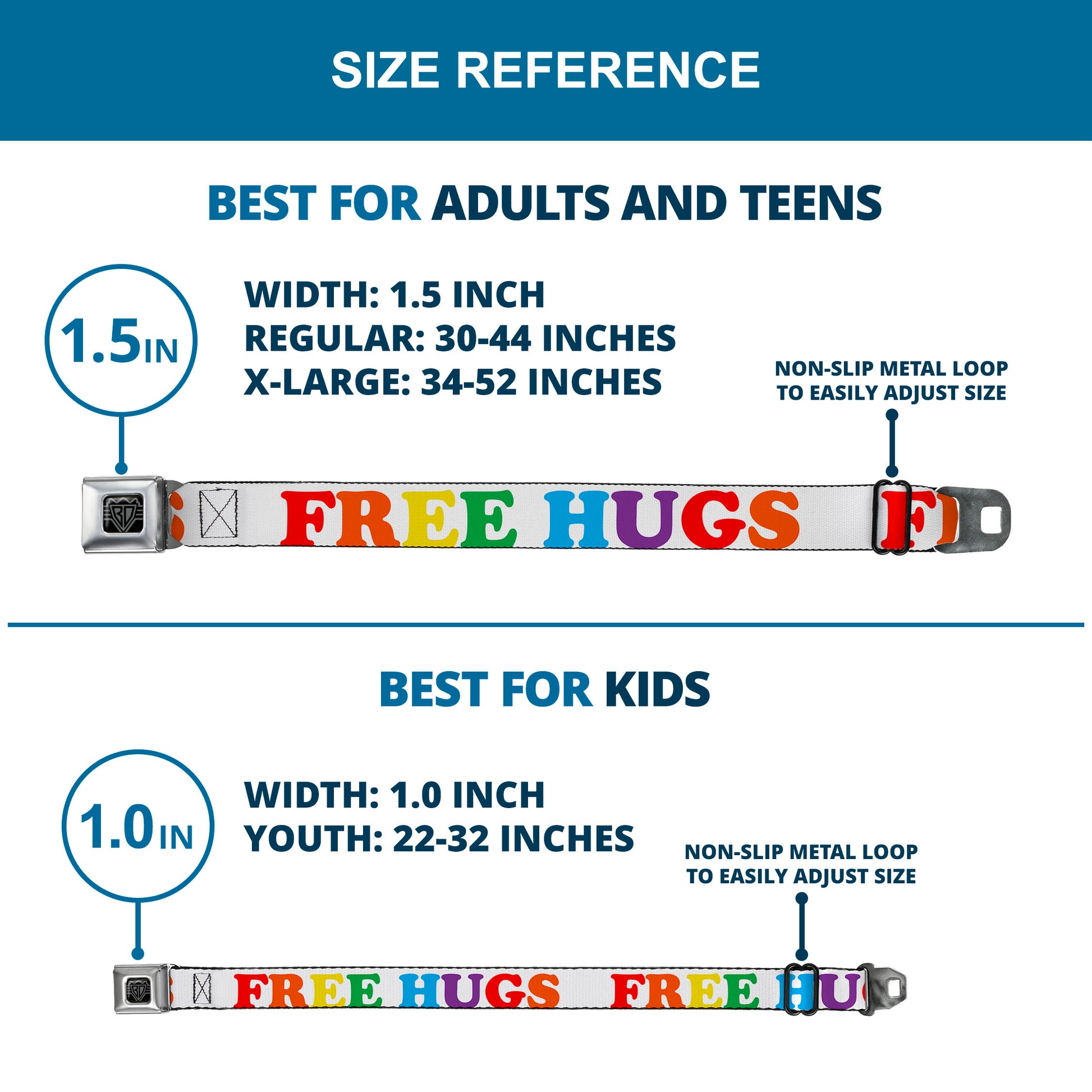 BD Wings Logo CLOSE-UP Full Color Black Silver Seatbelt Belt - FREE HUGS White/Multi Color Webbing Seatbelt Belts Buckle-Down